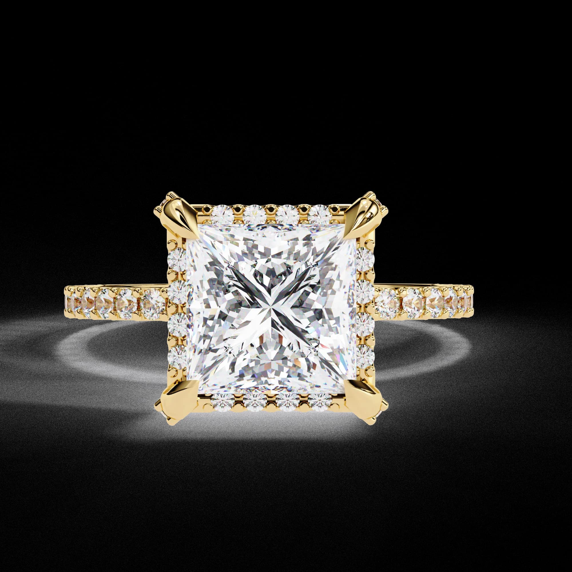 Princess cut lab grown diamond halo engagement ring in yellow gold, front view