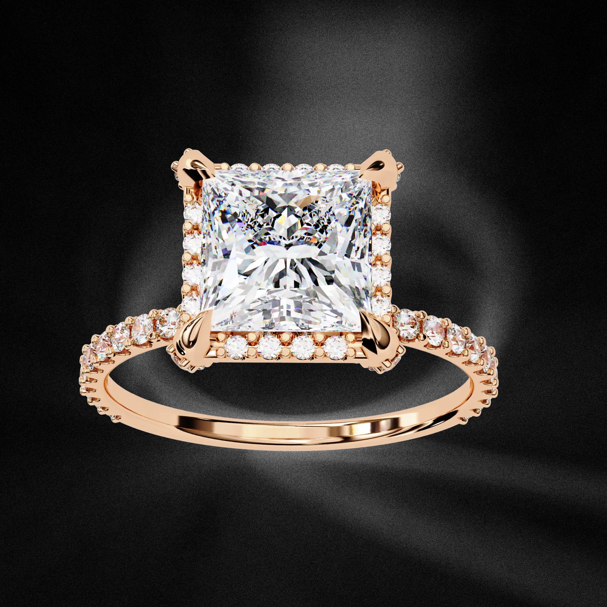 Princess cut lab grown diamond halo engagement ring in rose gold, angled view