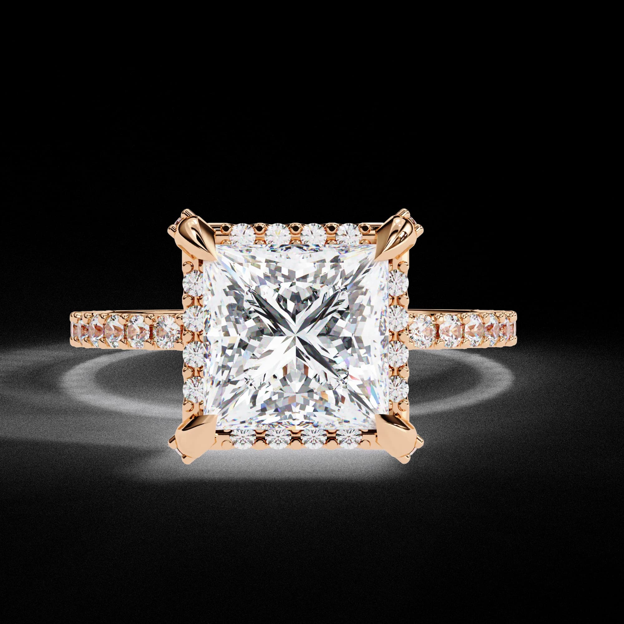 Princess cut lab grown diamond halo engagement ring in rose gold, front view
