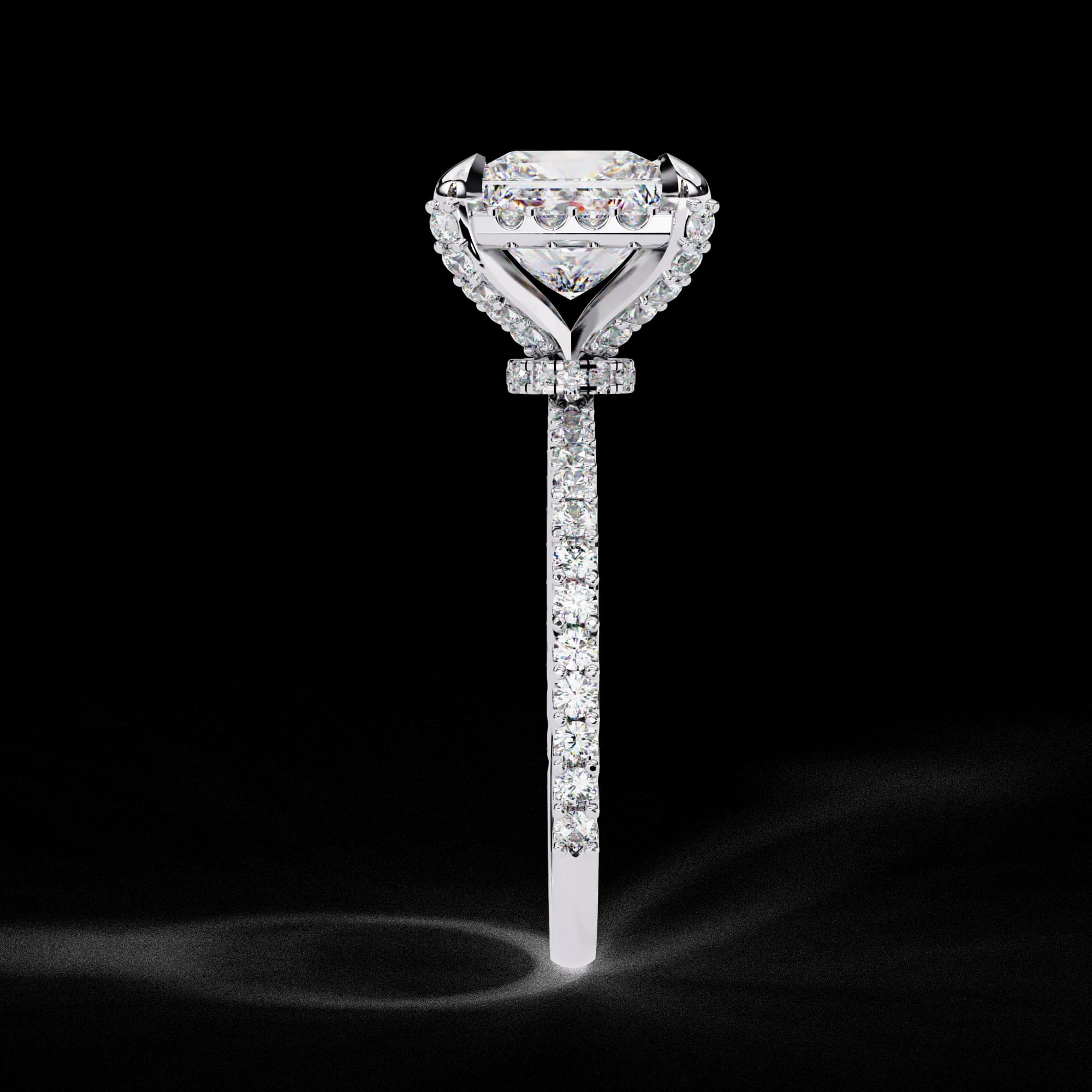 Princess cut lab grown diamond halo engagement ring in white gold, side profile view