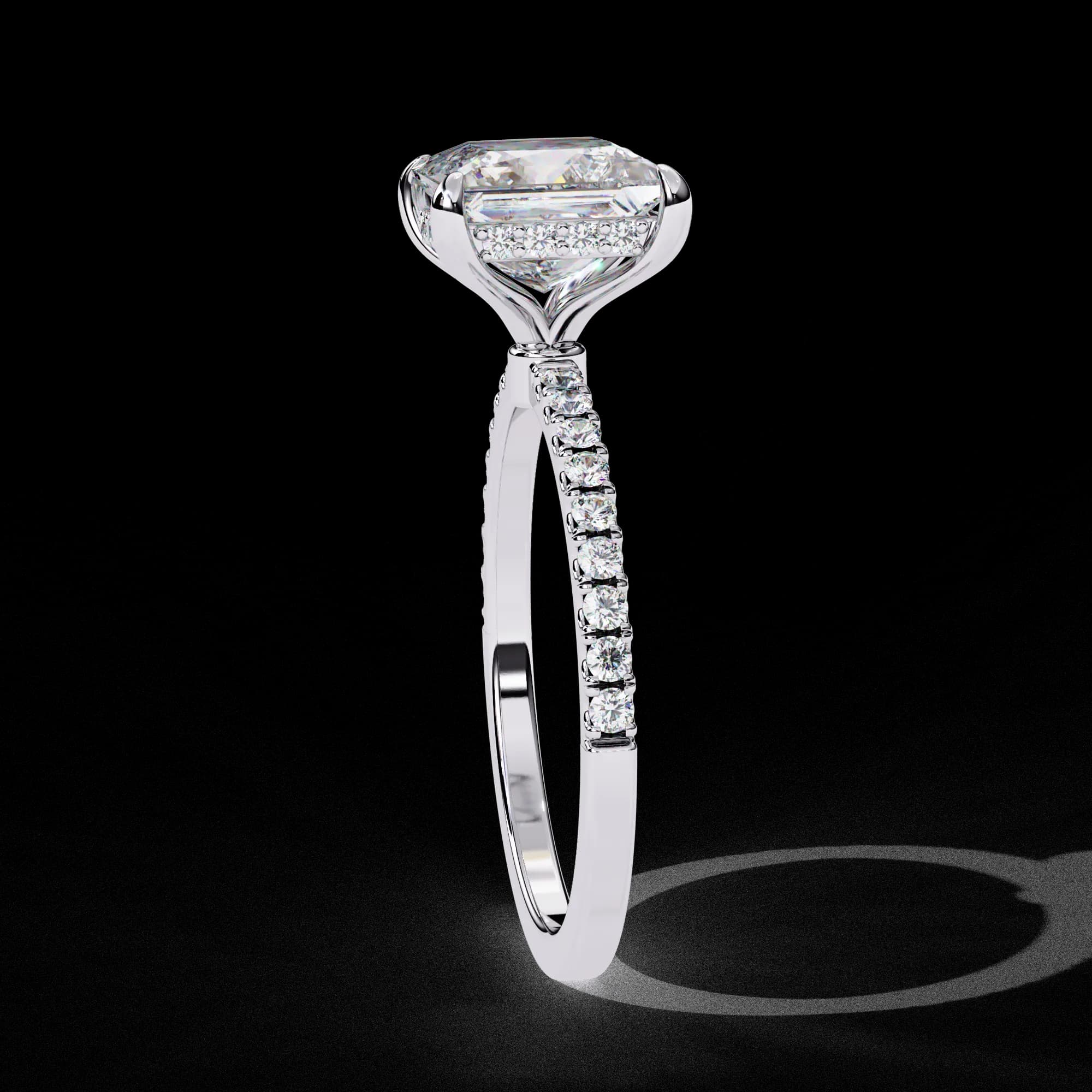 Princess cut lab grown diamond hidden halo pavé engagement ring in white gold, side profile view