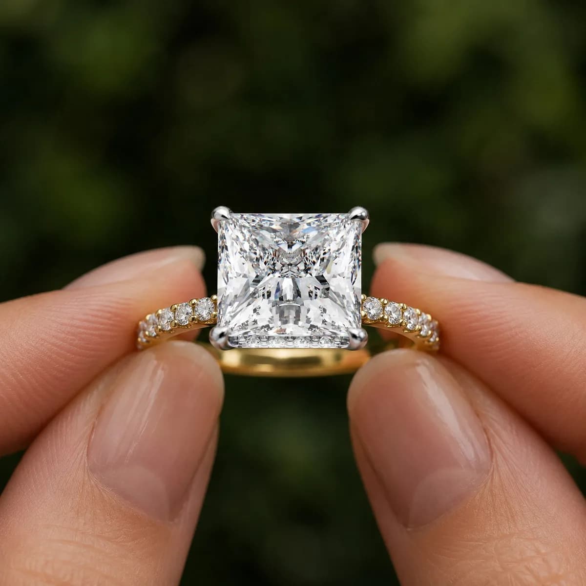 Princess cut lab grown diamond hidden halo pavé engagement ring in yellow gold held between fingertips