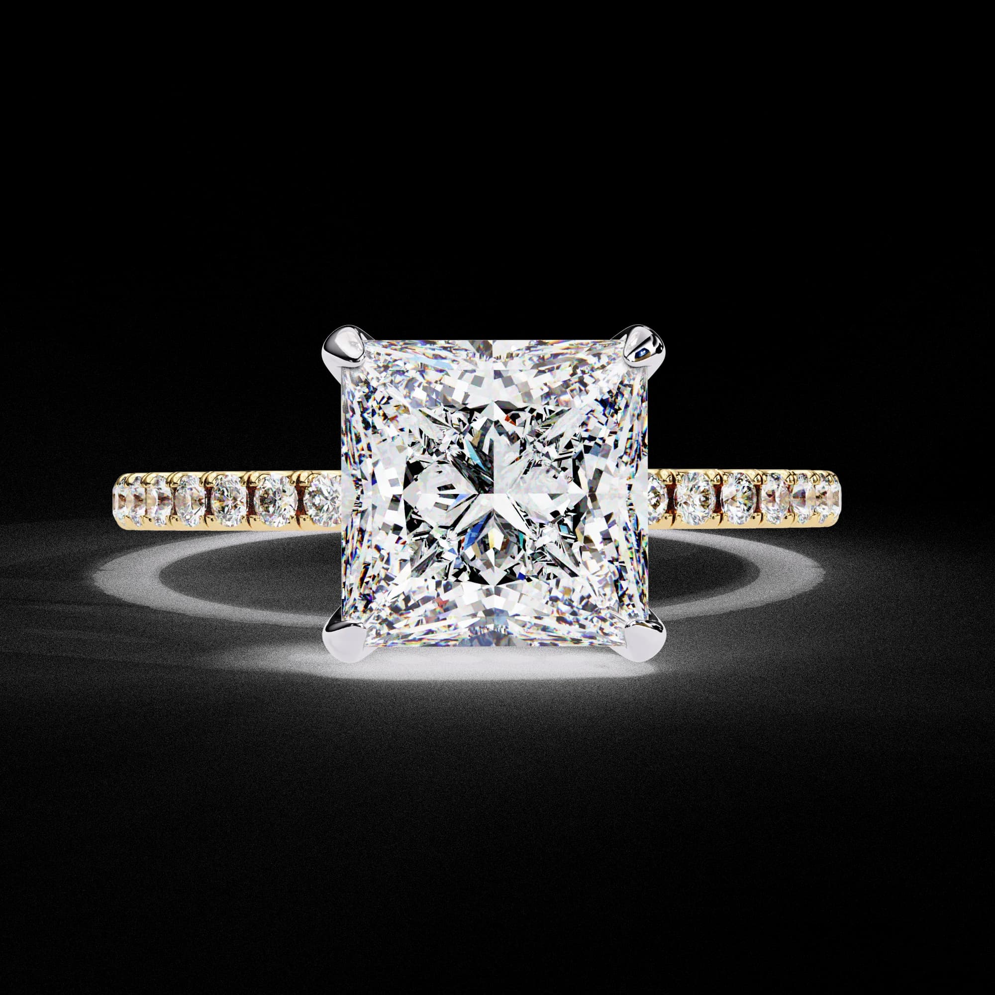 Princess cut lab grown diamond hidden halo pavé engagement ring in yellow gold, front view
