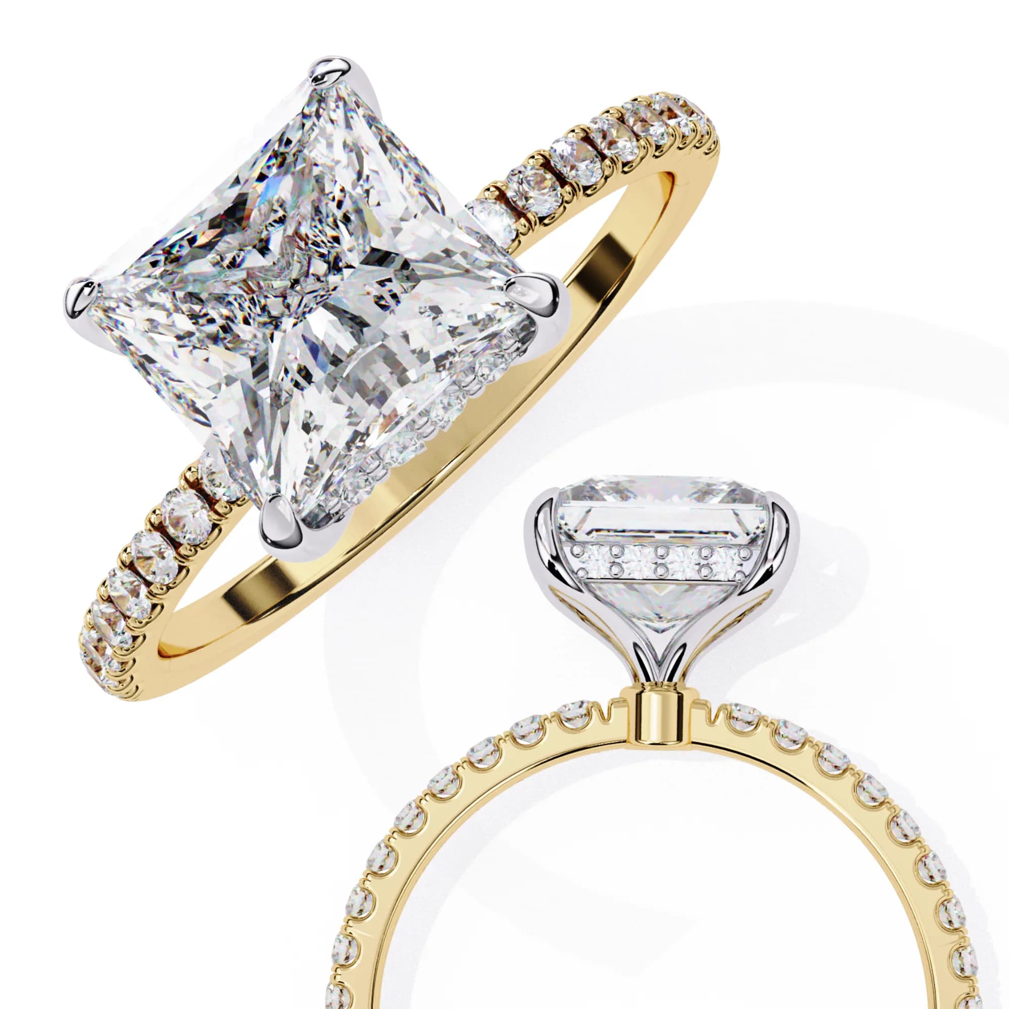 Princess cut lab grown diamond hidden halo pavé engagement ring in yellow gold, two-view composition