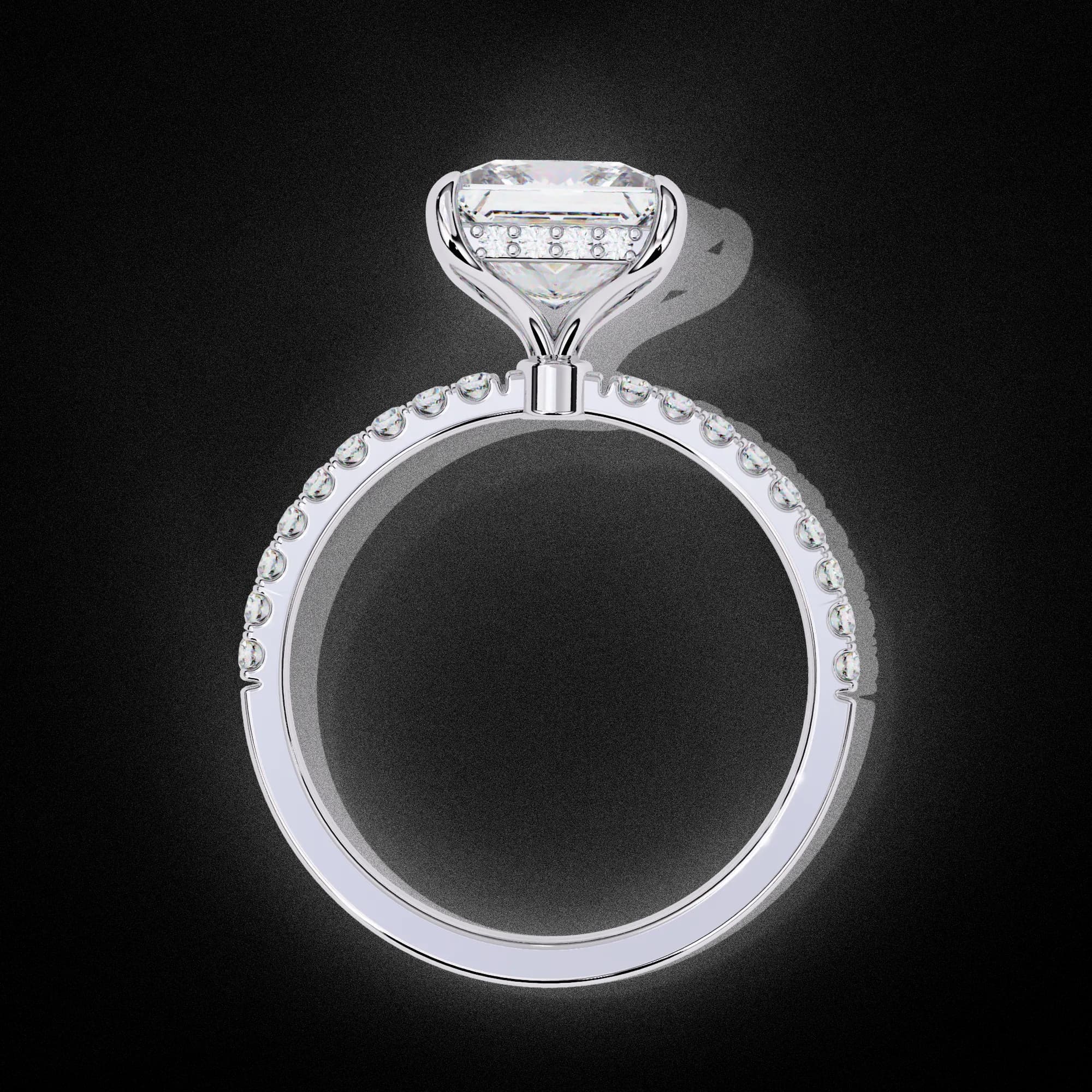 Princess cut lab grown diamond hidden halo pavé engagement ring in white gold, through-finger view