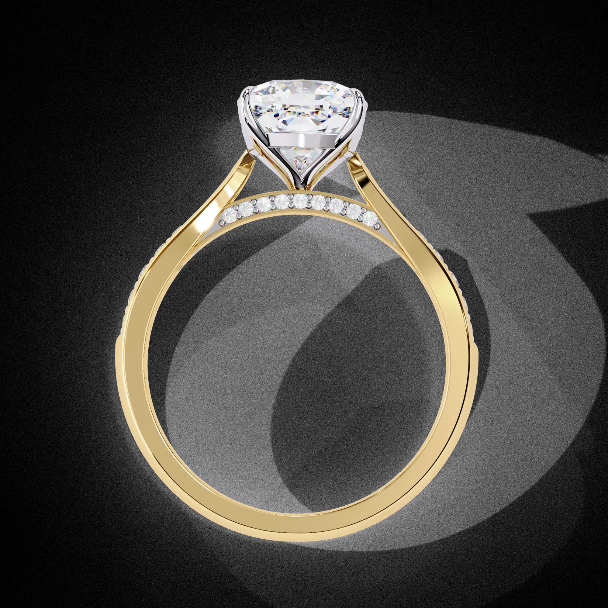 Cushion cut lab grown diamond cathedral pavé engagement ring in yellow gold, through-finger view