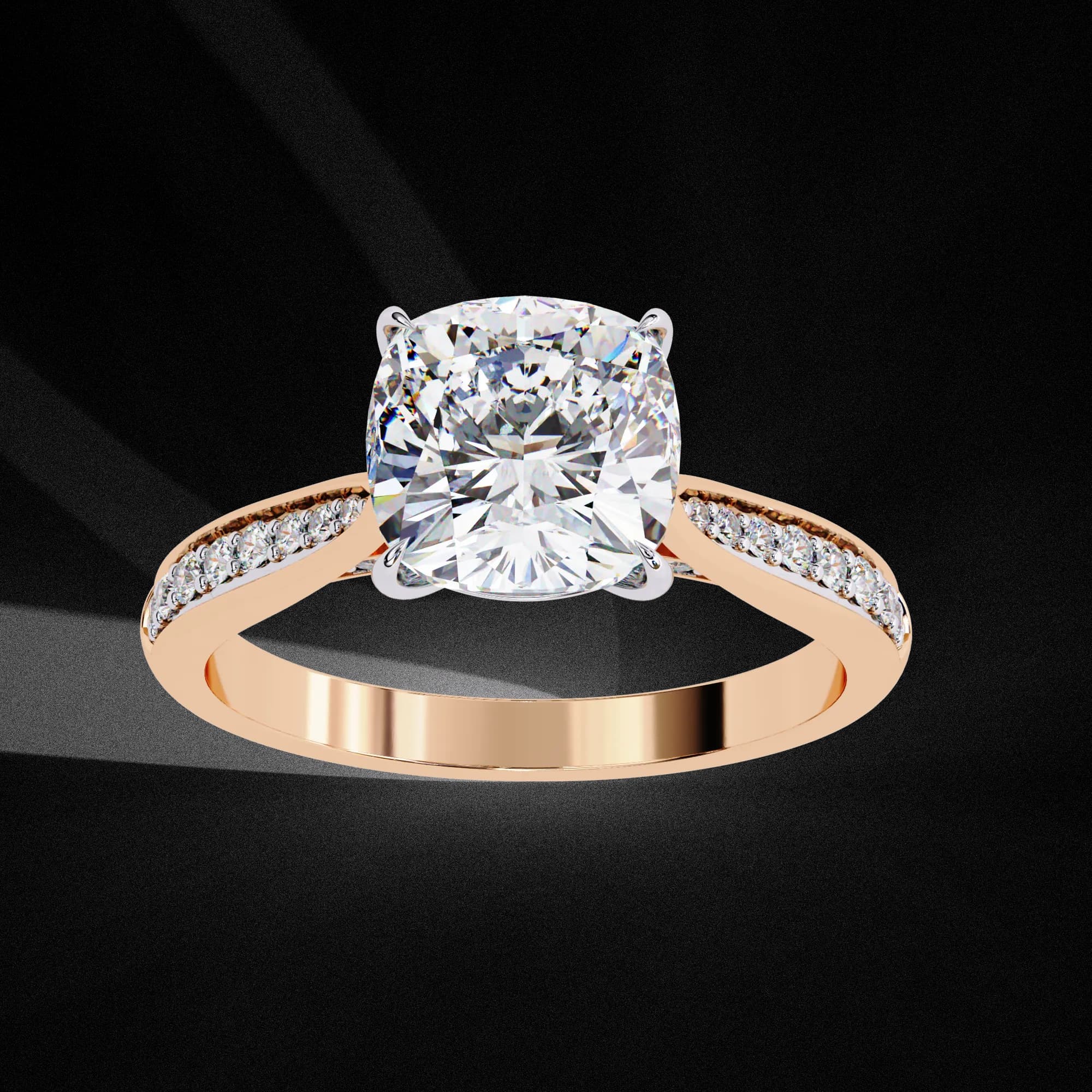 Cushion cut lab grown diamond cathedral pavé engagement ring in rose gold, three-quarter view