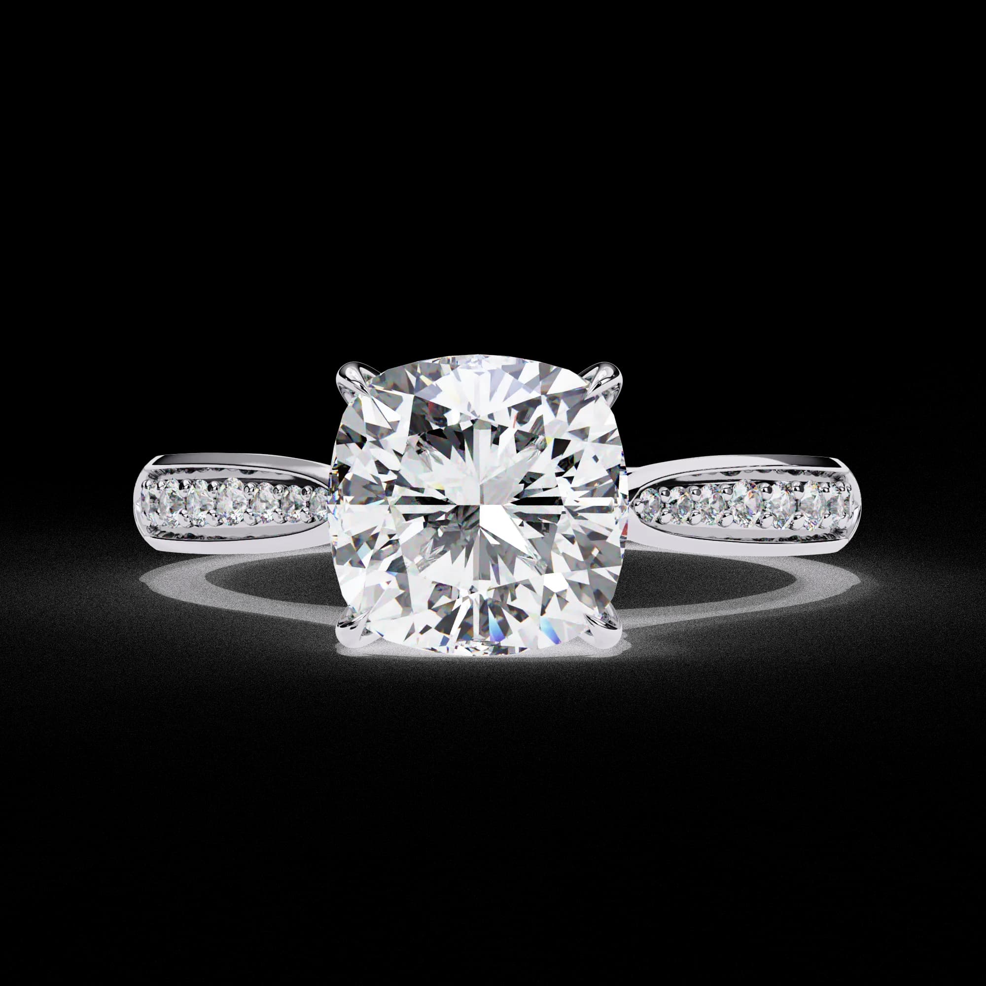 Cushion cut lab grown diamond cathedral pavé engagement ring in white gold, front view