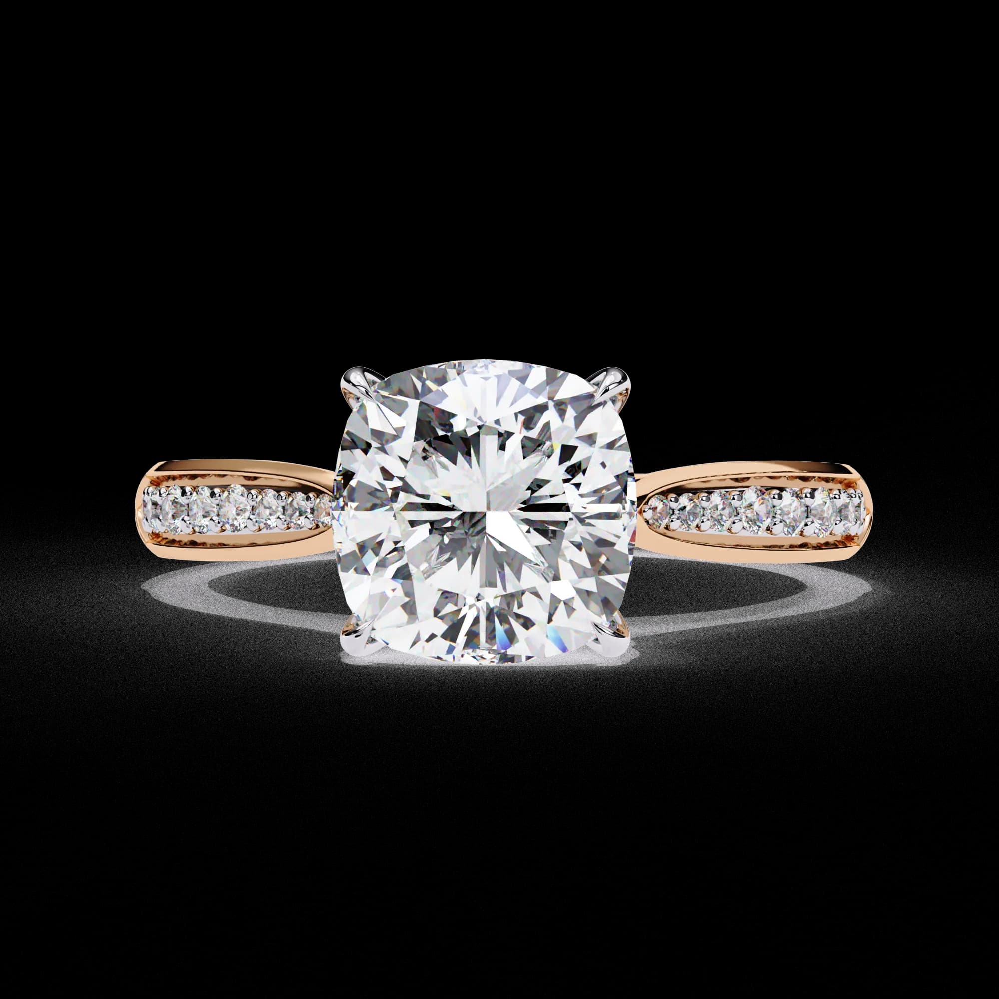 Cushion cut lab grown diamond cathedral pavé engagement ring in rose gold, front view