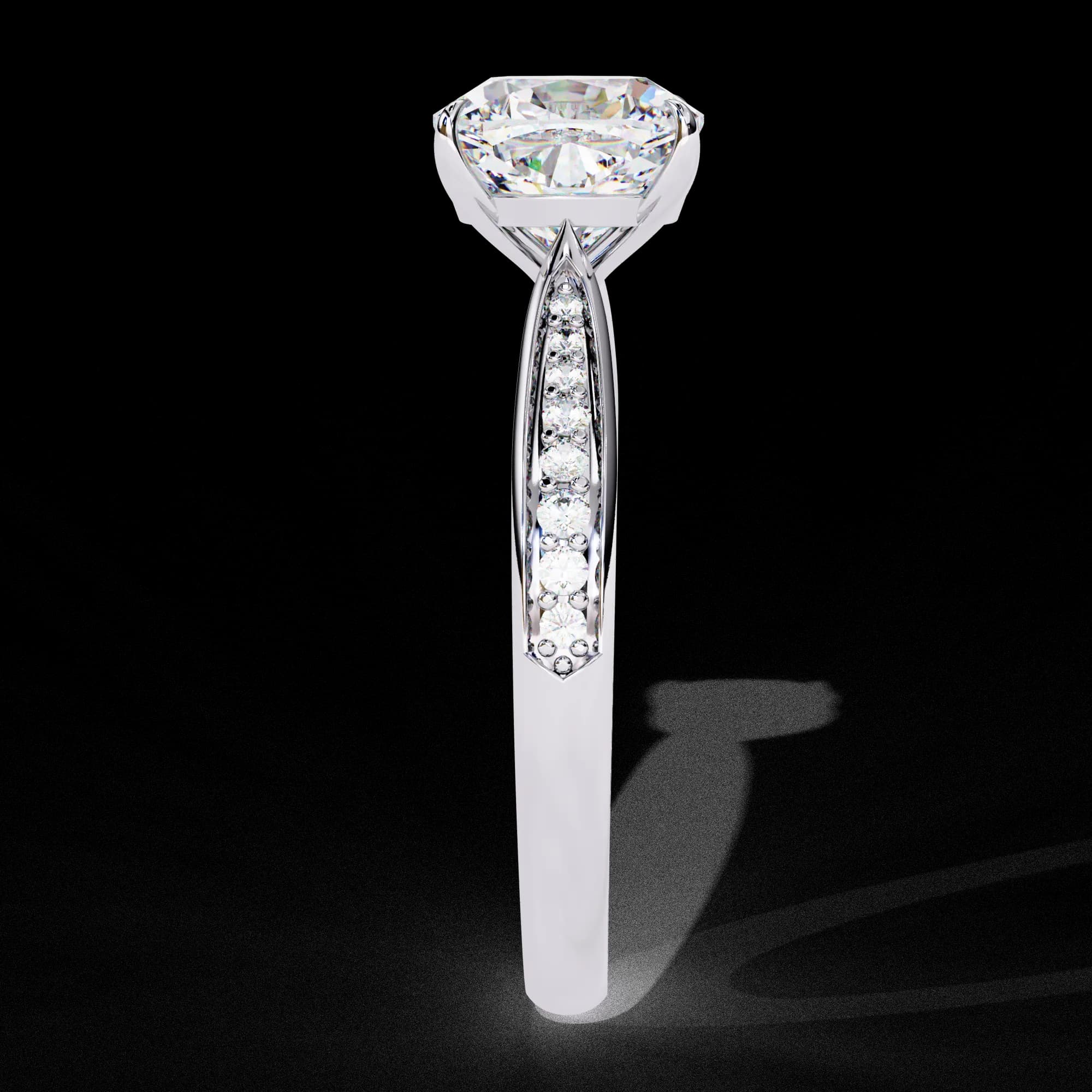 Cushion cut lab grown diamond cathedral pavé engagement ring in white gold, side profile view