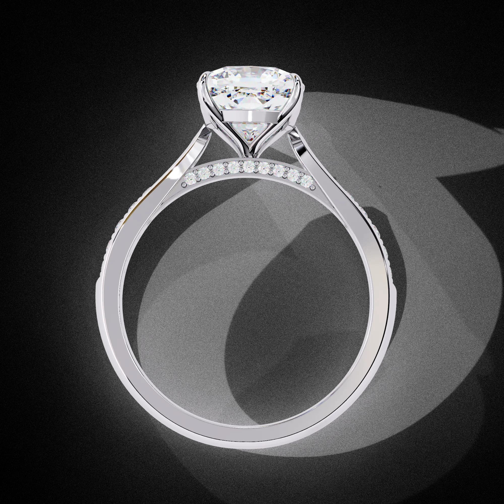 Cushion cut lab grown diamond cathedral pavé engagement ring in white gold, through-finger view
