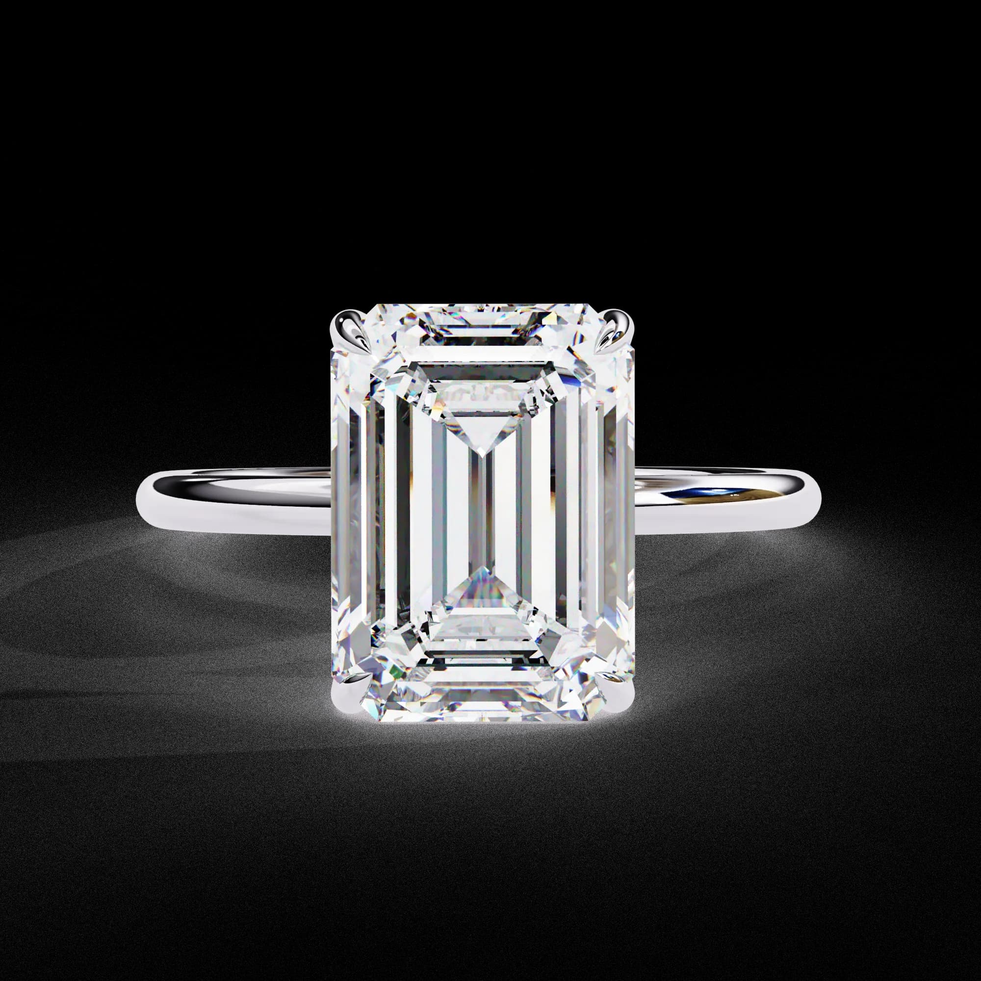 Emerald cut lab grown diamond hidden halo solitaire engagement ring in white gold, front view
