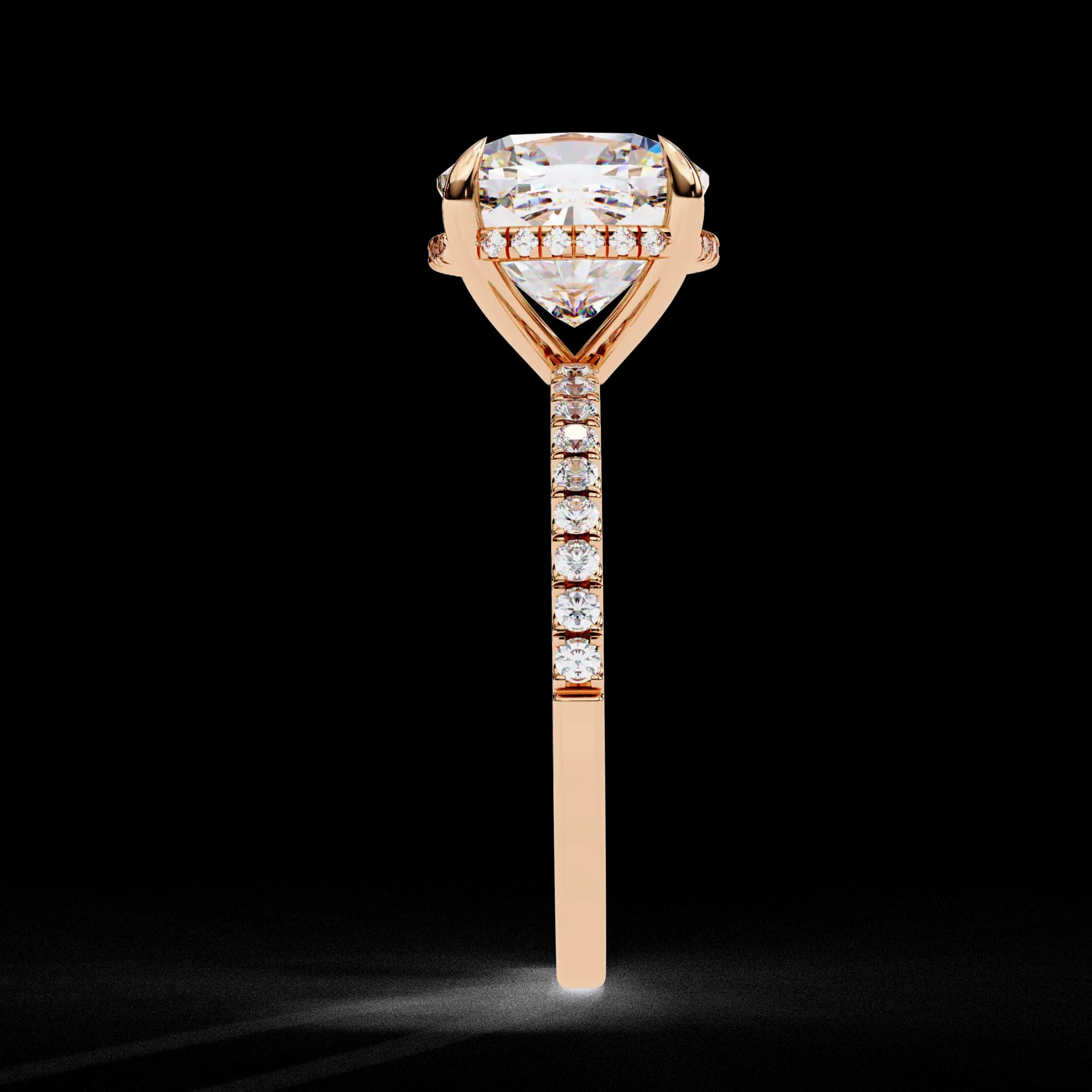 Cushion cut lab grown diamond hidden halo engagement ring in rose gold, side profile view