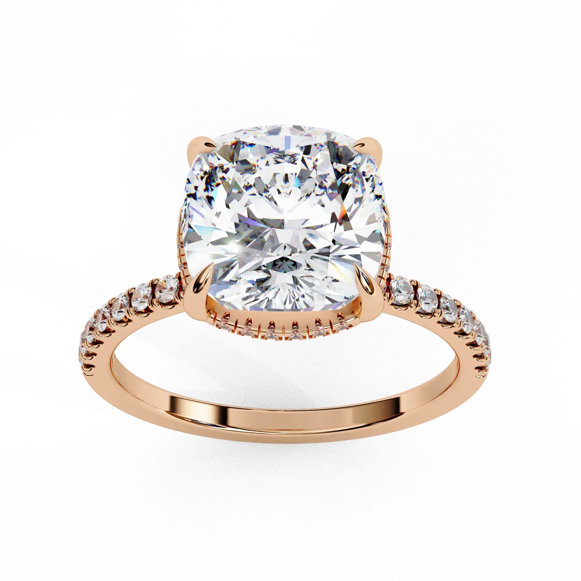Cushion cut lab grown diamond hidden halo engagement ring in rose gold, angled view