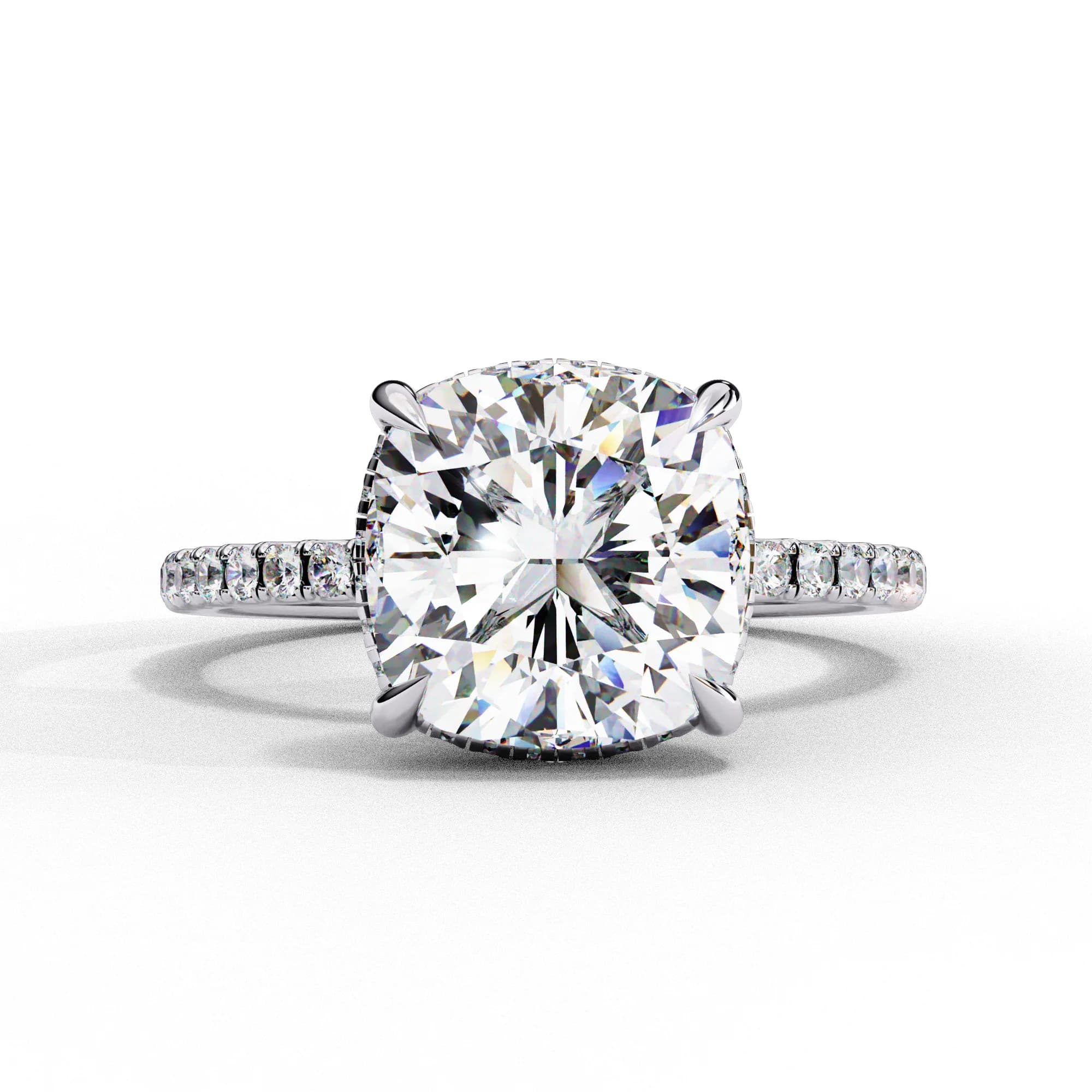 Cushion cut lab grown diamond hidden halo engagement ring in white gold, front view