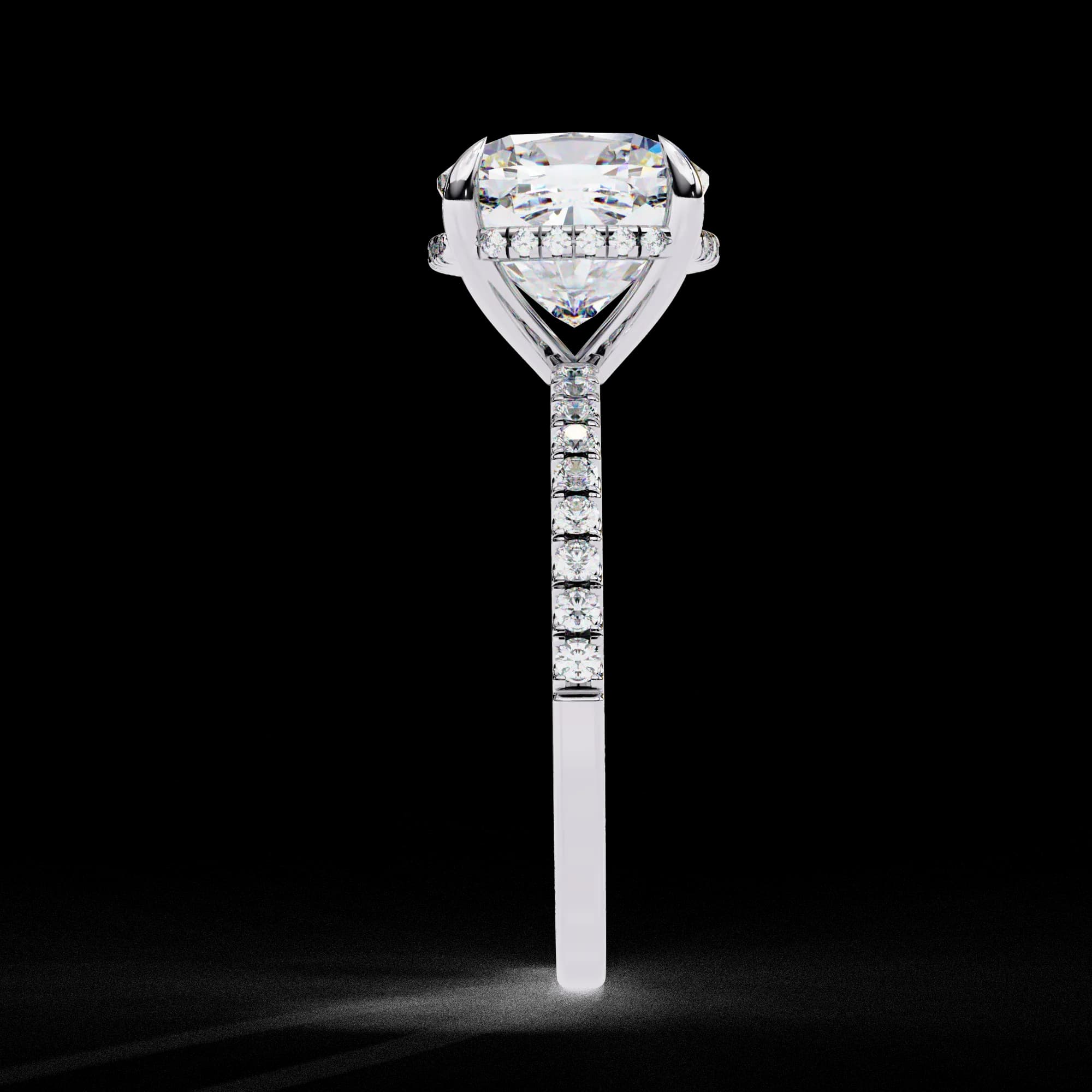 Cushion cut lab grown diamond hidden halo engagement ring in white gold, side profile view