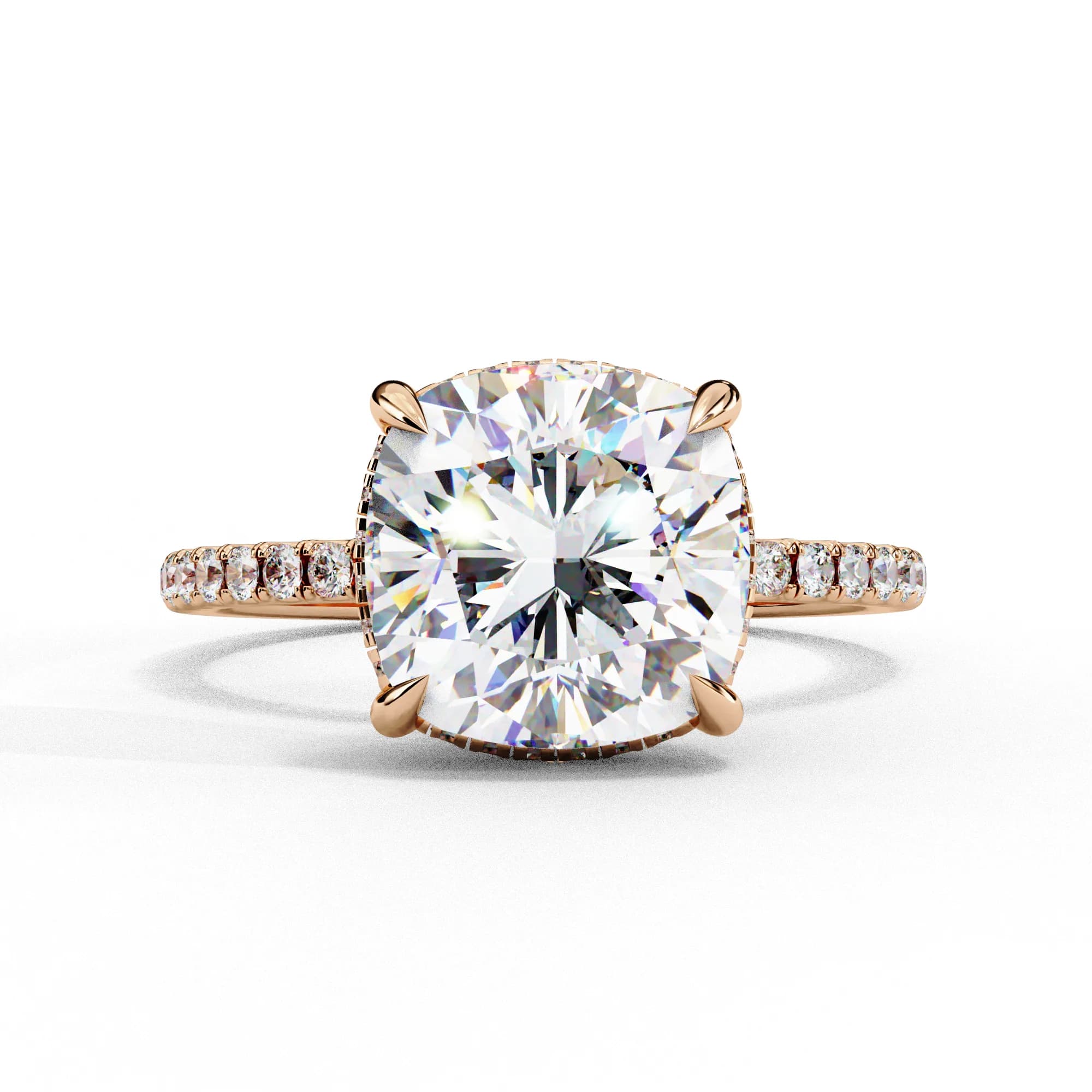Cushion cut lab grown diamond hidden halo engagement ring in rose gold, front view