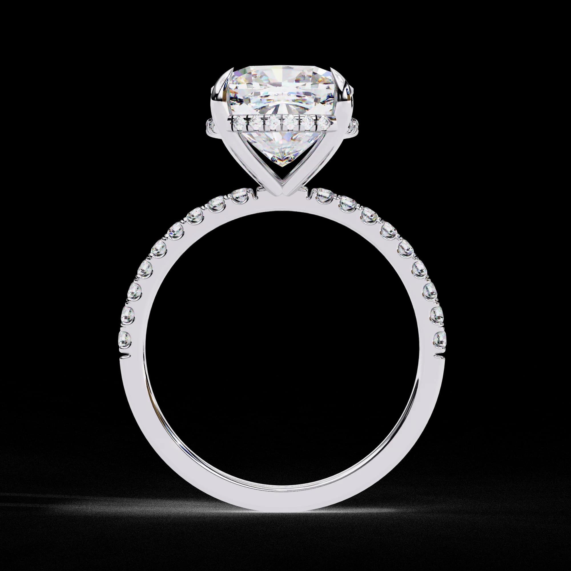 Cushion cut lab grown diamond hidden halo engagement ring in white gold, through-finger view