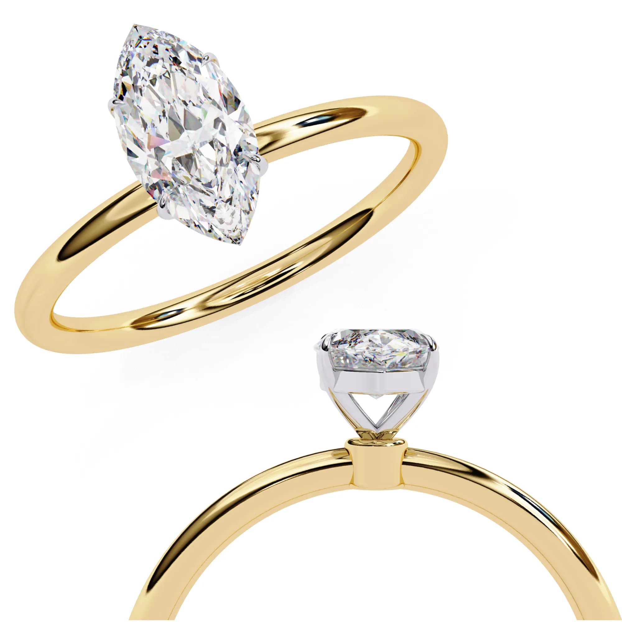 Marquise cut lab grown diamond solitaire engagement ring in yellow gold, angled overhead and gallery view