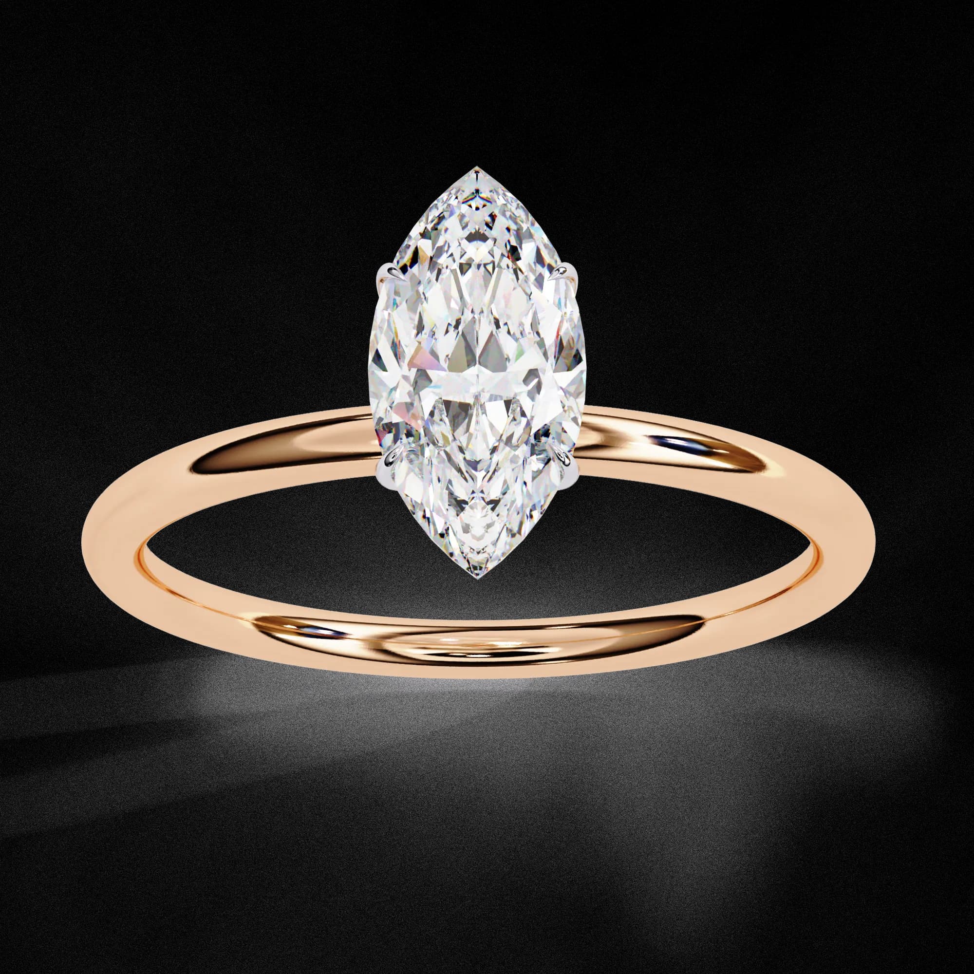 Marquise cut lab grown diamond solitaire engagement ring in rose gold, angled view