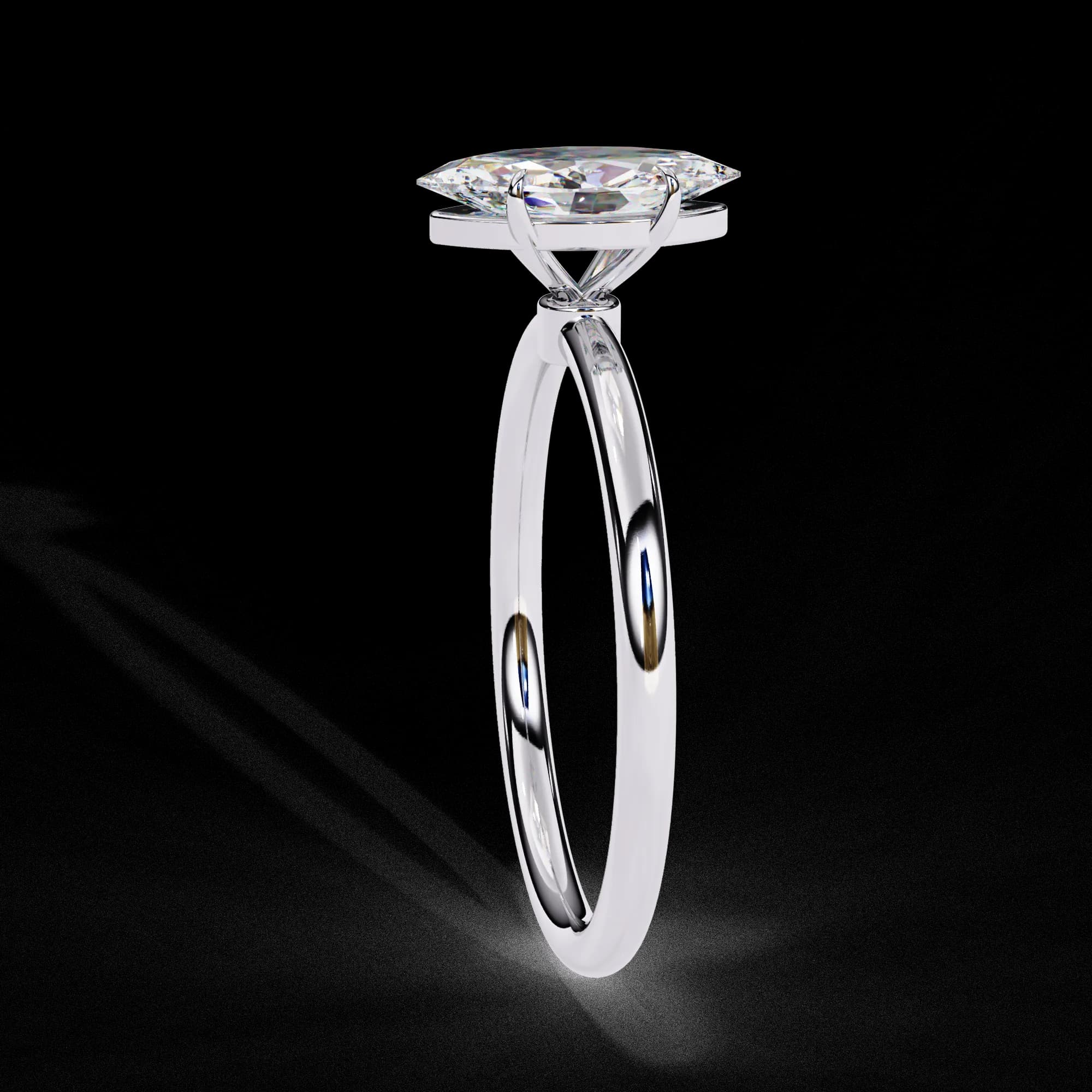 Marquise cut lab grown diamond solitaire engagement ring in white gold, side profile view