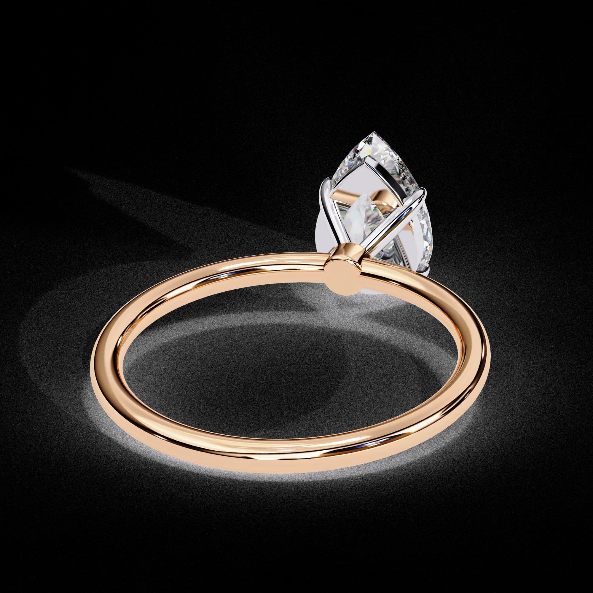 Pear cut lab grown diamond solitaire engagement ring in rose gold, back view
