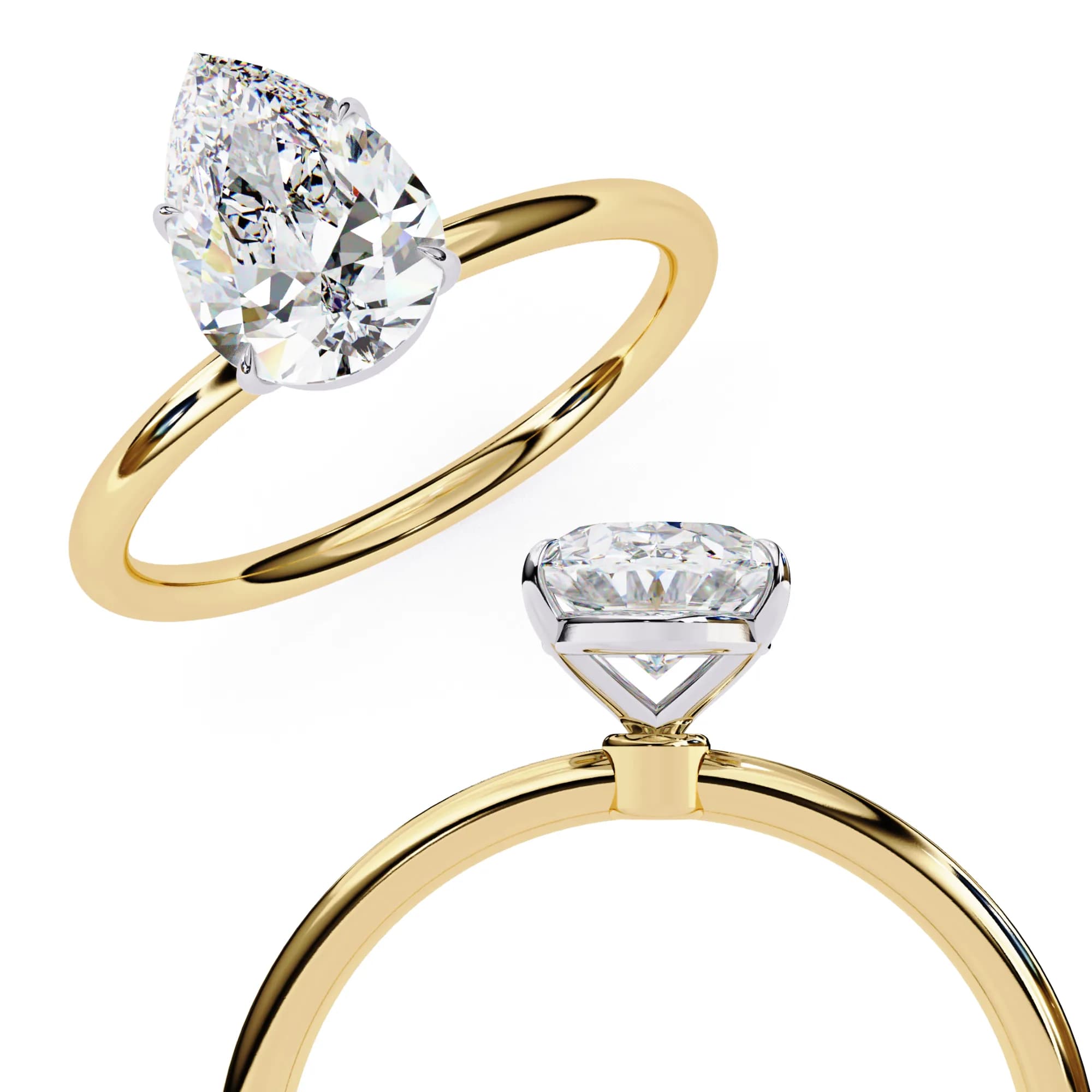 Pear cut lab grown diamond solitaire engagement ring in yellow gold, angled and through-finger views
