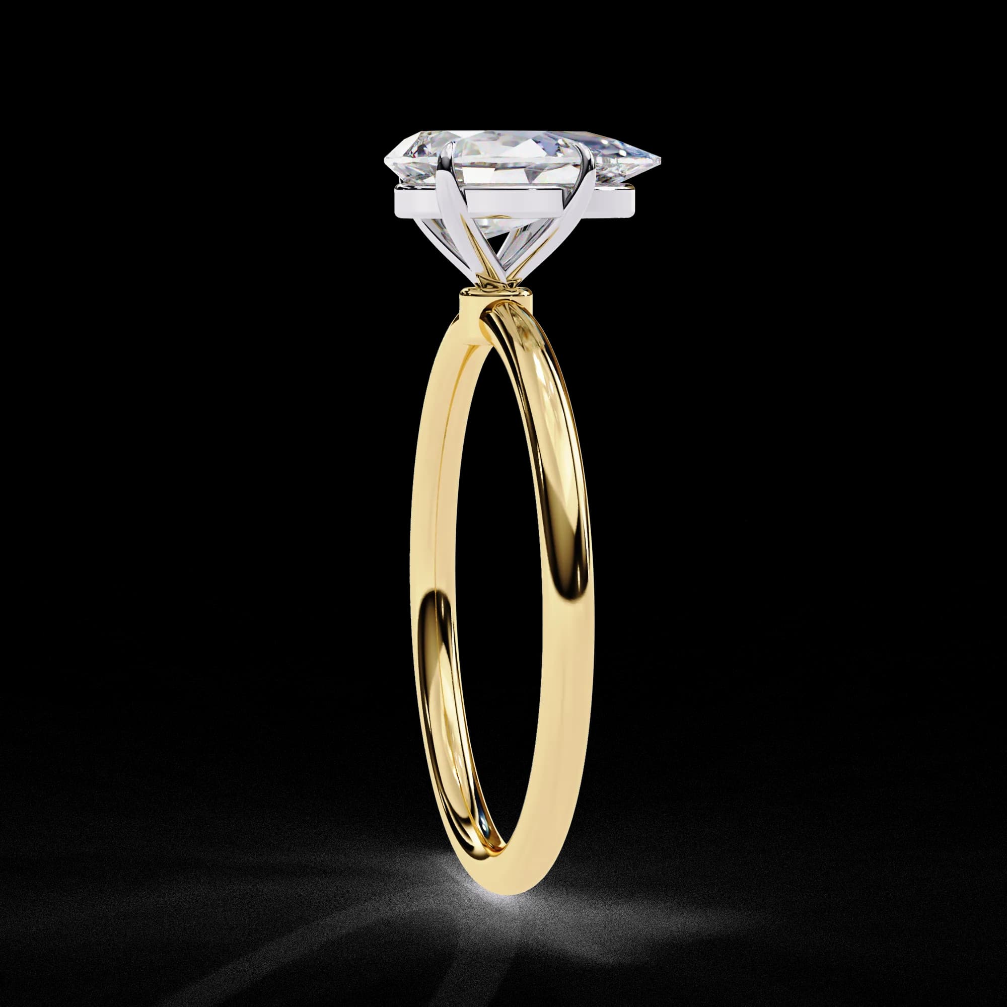 Pear cut lab grown diamond solitaire engagement ring in yellow gold, profile view