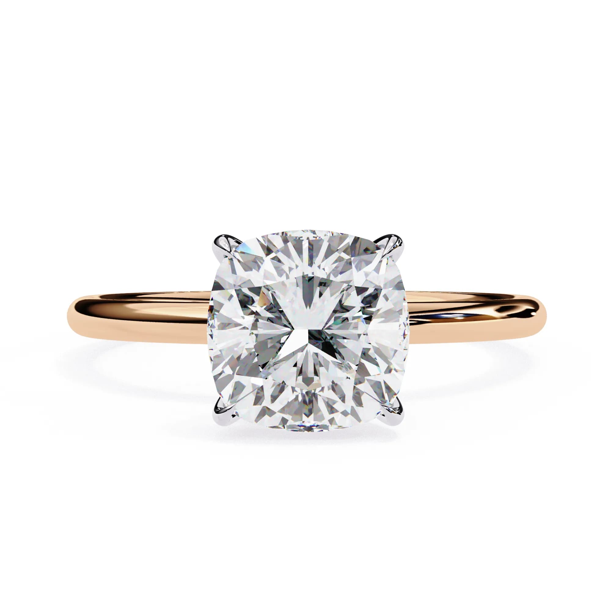 Cushion cut lab grown diamond four-claw solitaire engagement ring in rose gold, front view