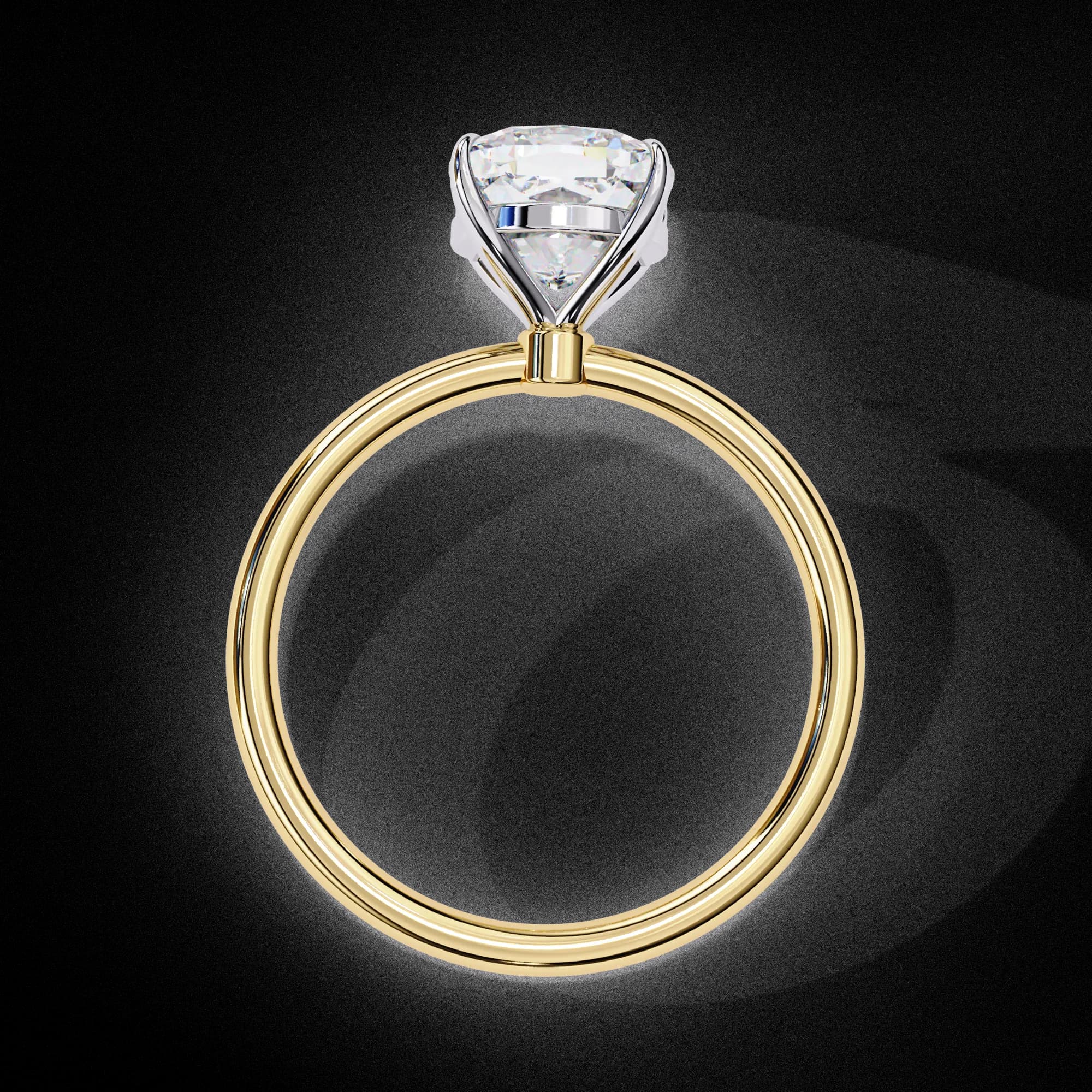 Cushion cut lab grown diamond four-claw solitaire engagement ring in yellow gold, through-finger view