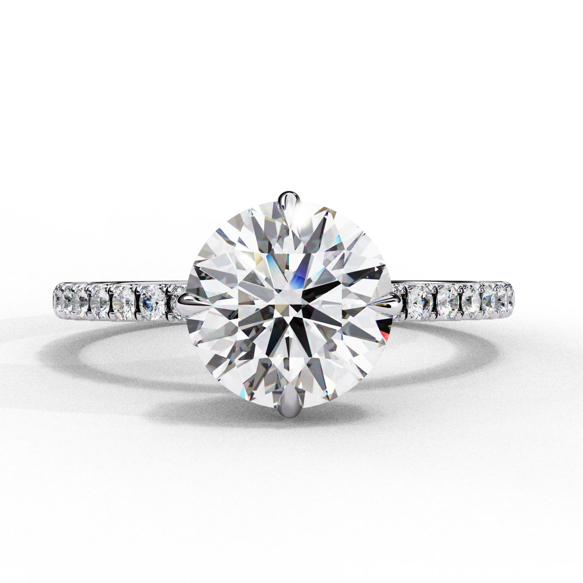 Round lab grown diamond compass prong hidden halo engagement ring in white gold, front view