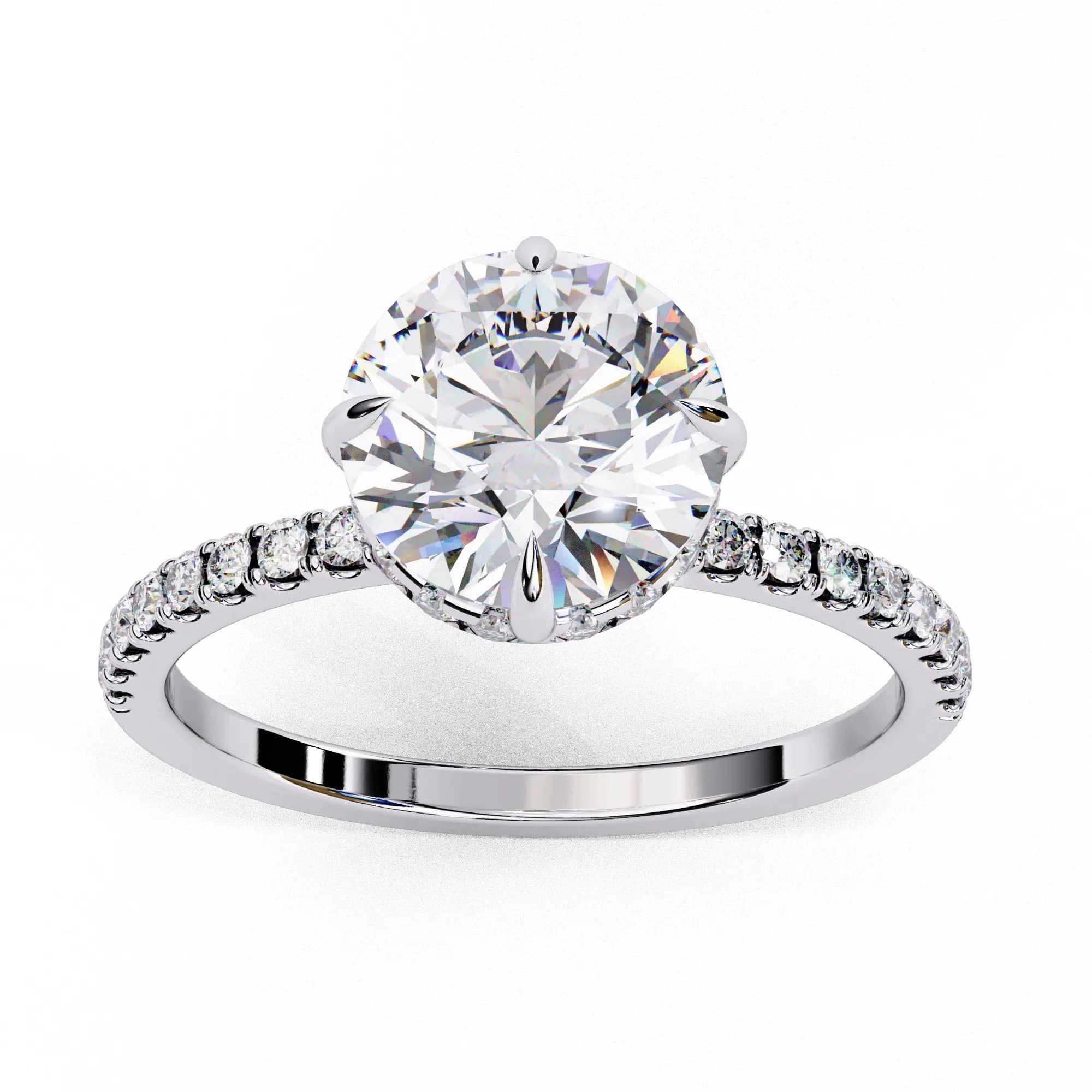 Round lab grown diamond compass prong hidden halo engagement ring in white gold, angled view