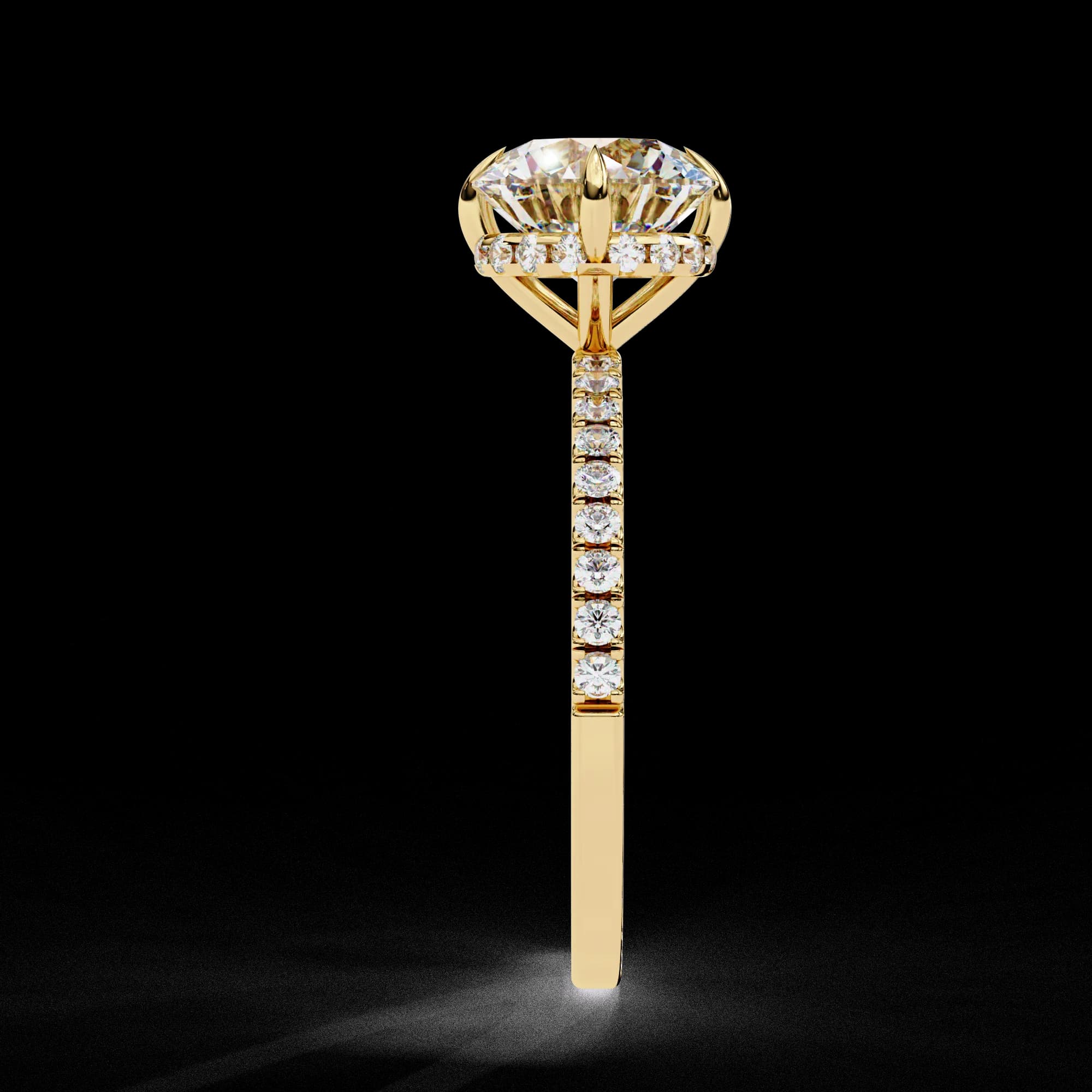 Round lab grown diamond compass prong hidden halo engagement ring in yellow gold, profile view