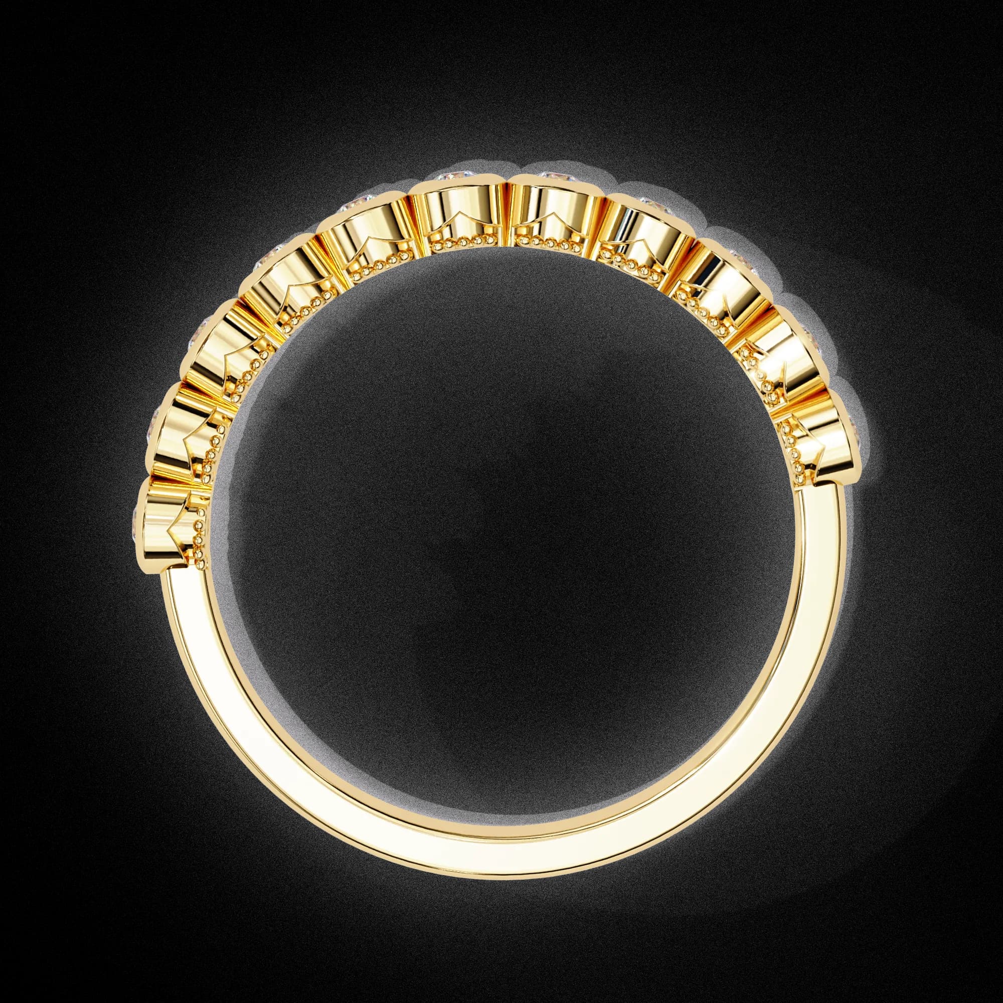 Round lab grown diamond bezel set half eternity wedding band in yellow gold, through-finger view