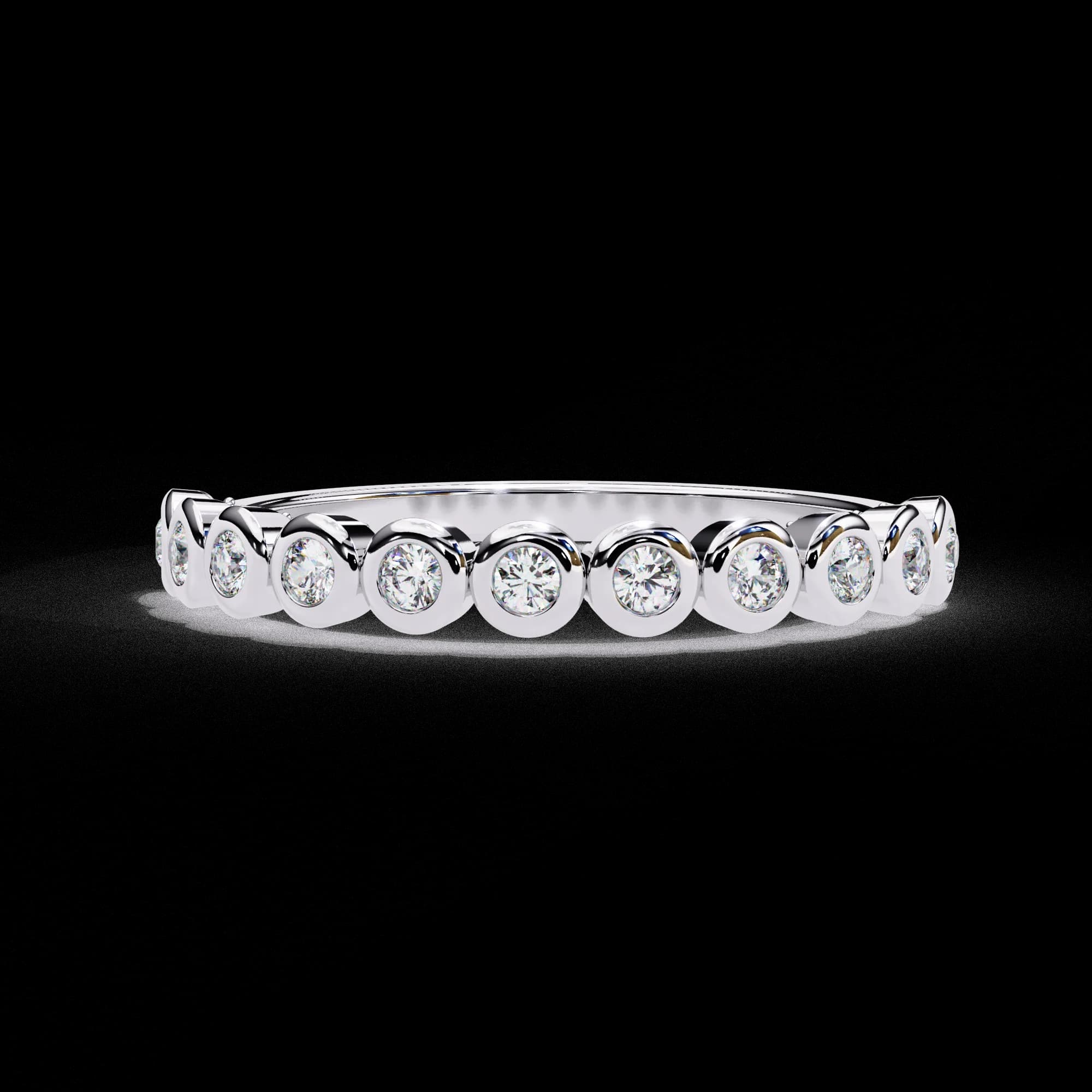 Round lab grown diamond bezel set half eternity wedding band in white gold, front view