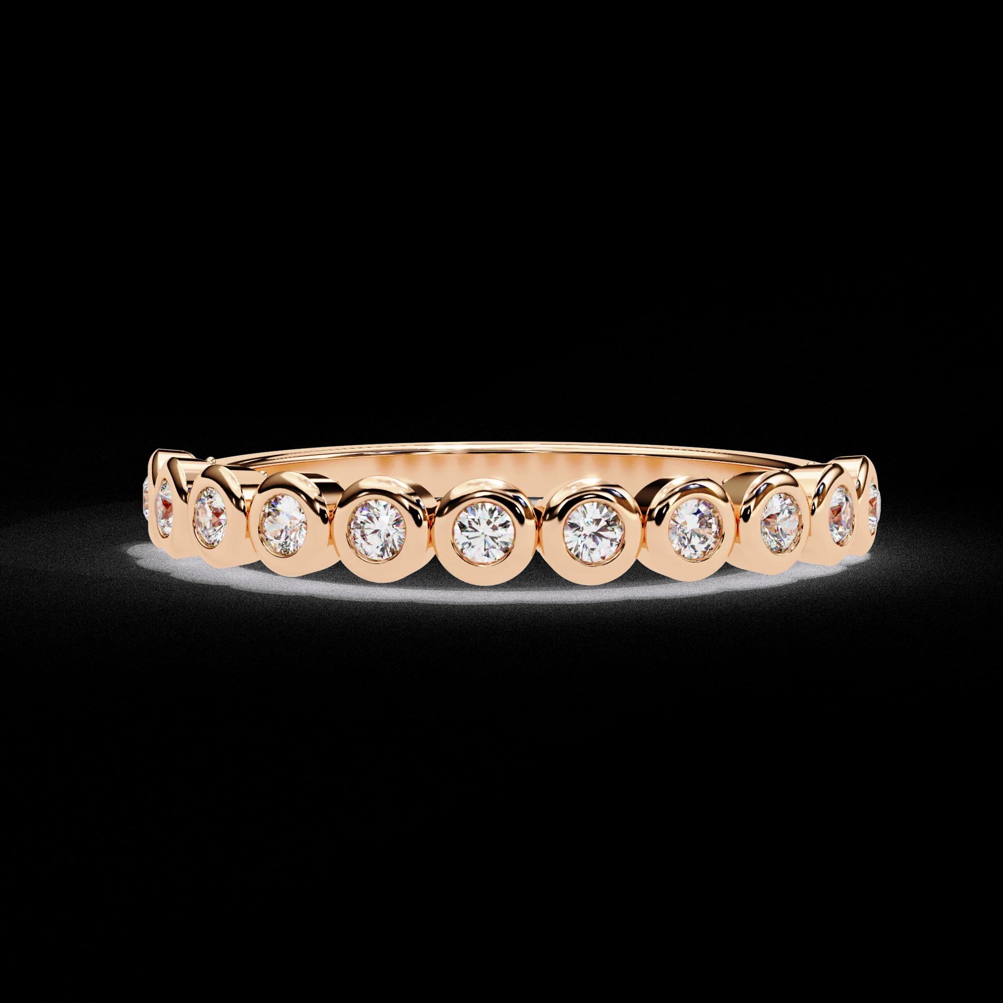 Round lab grown diamond bezel set half eternity wedding band in rose gold, front view