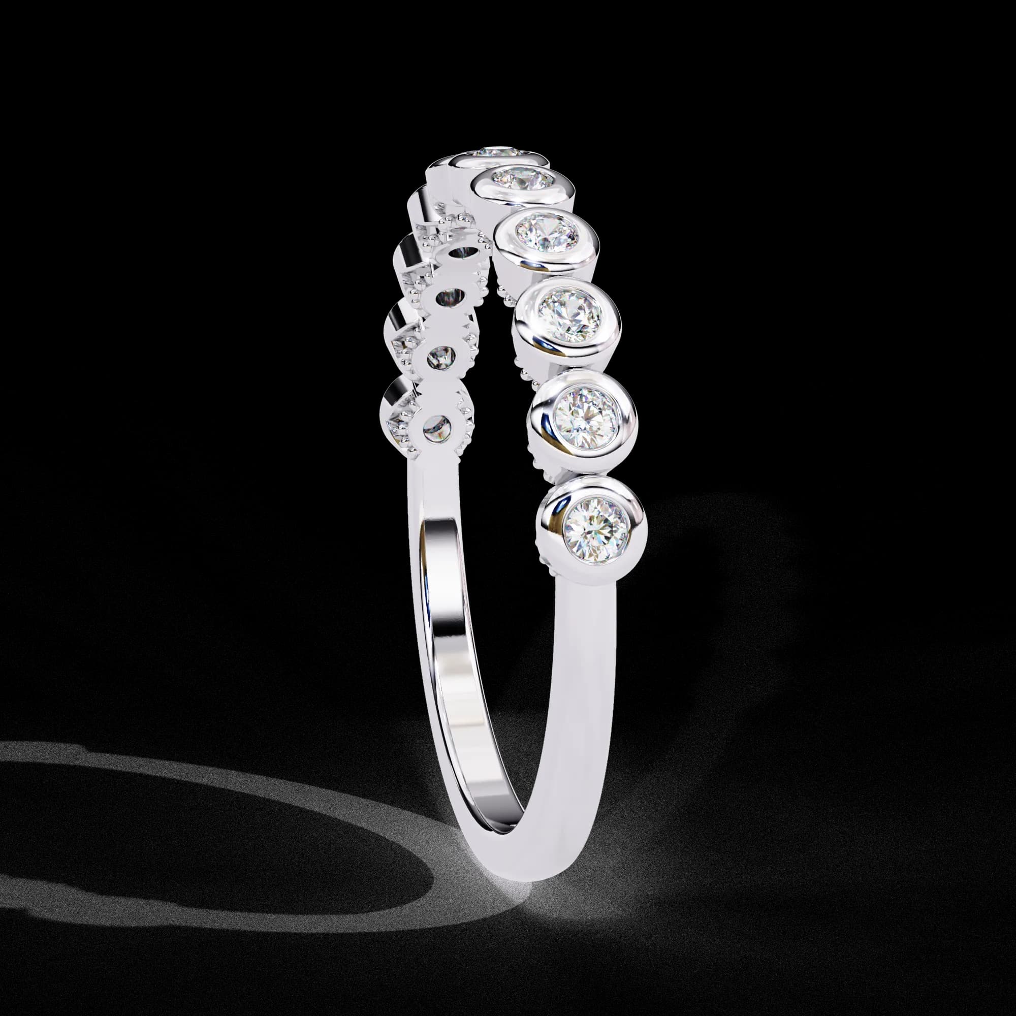 Round lab grown diamond bezel set half eternity wedding band in white gold, side profile view