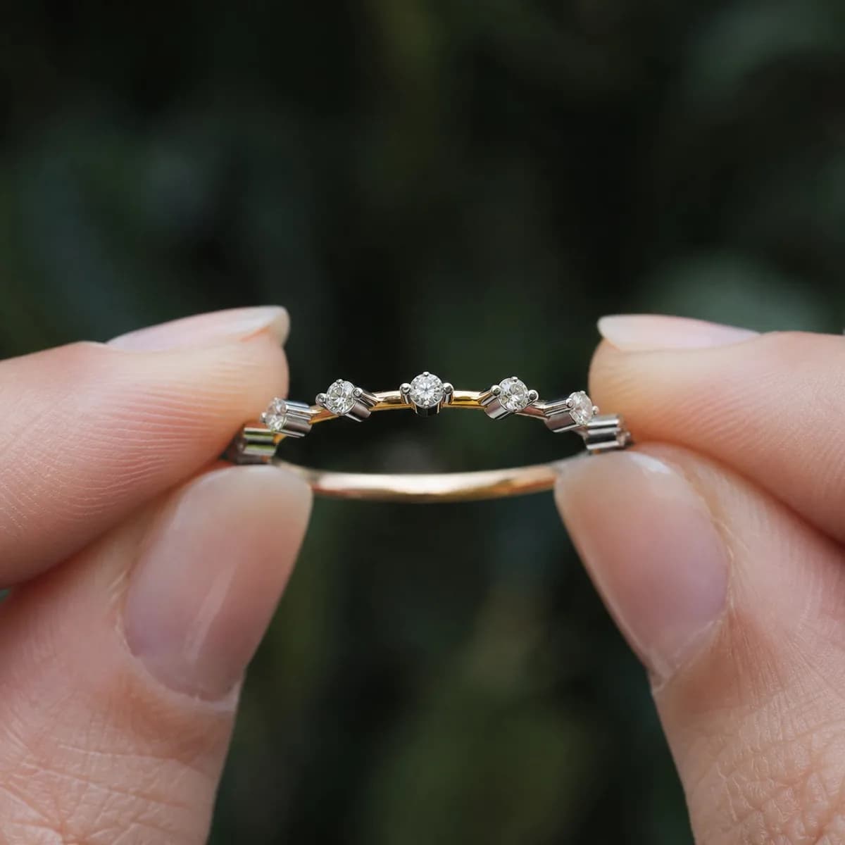 Round lab grown diamond station wedding band in yellow gold held between fingertips