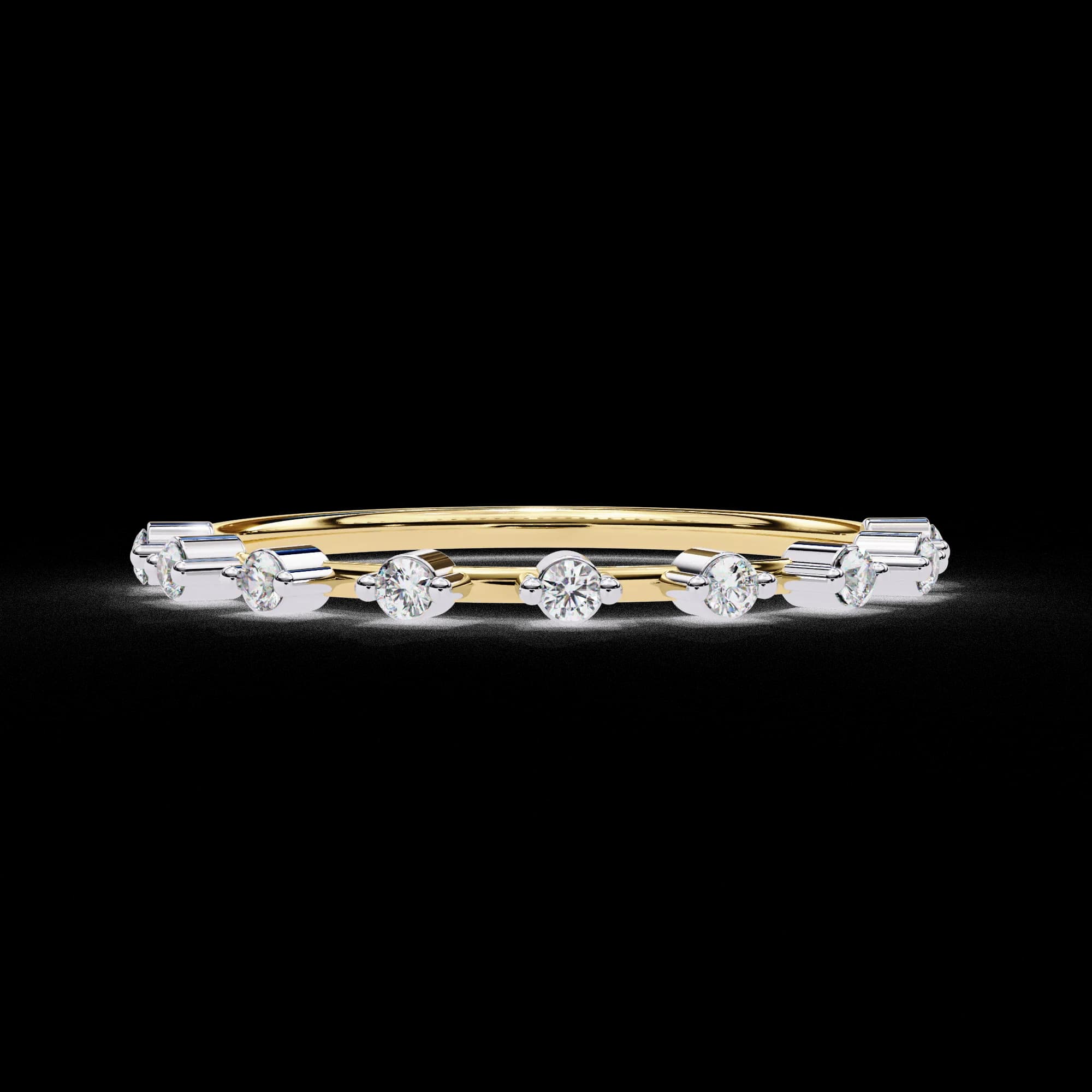 Round lab grown diamond station wedding band in yellow gold, front view