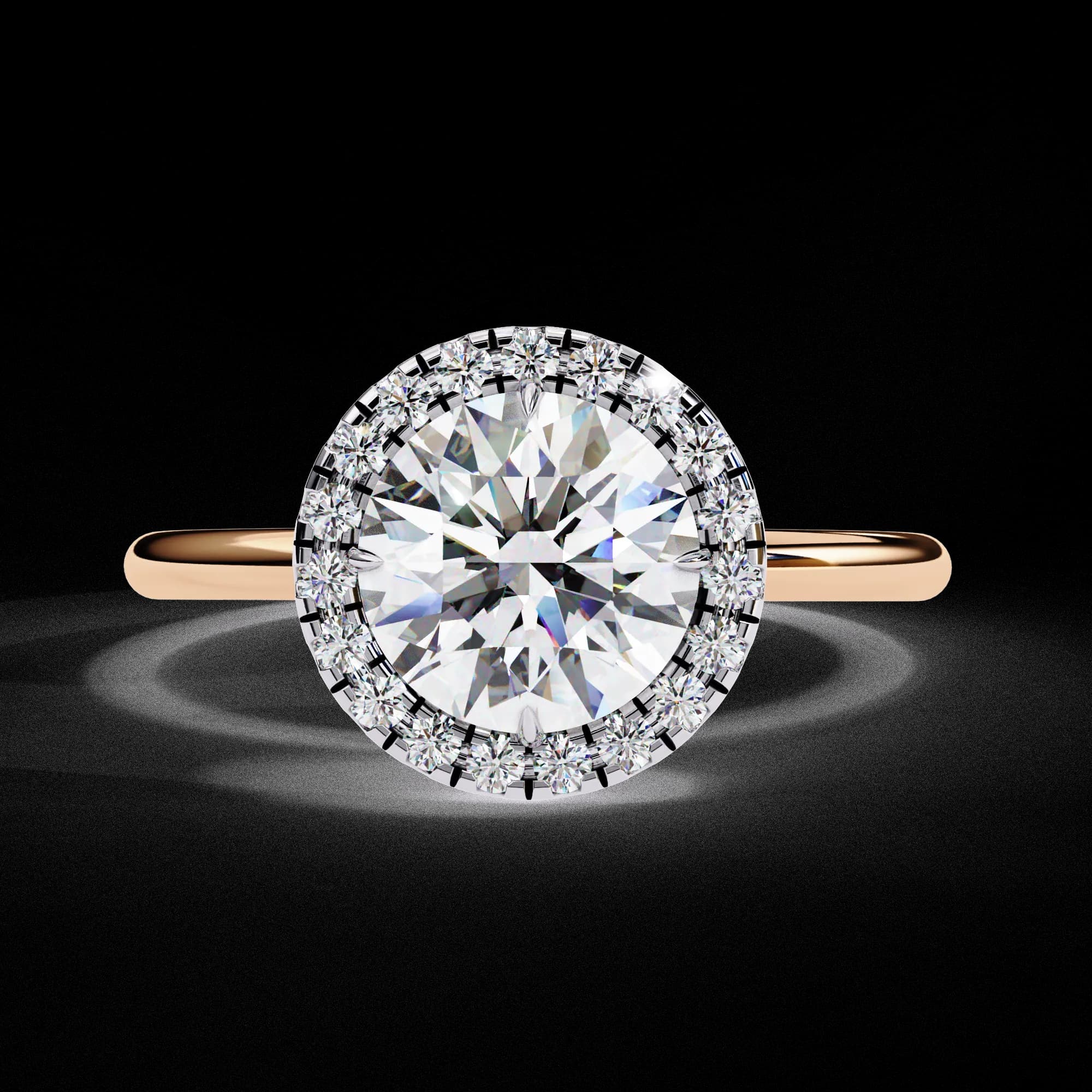 Round lab grown diamond halo engagement ring with plain band in rose gold, front view