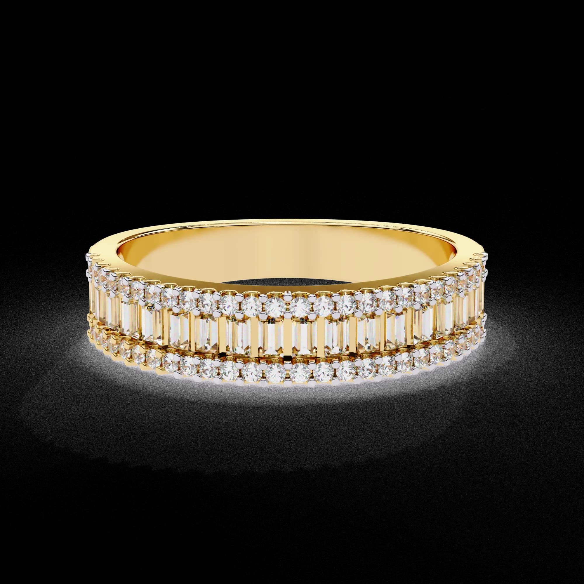 Baguette and round lab grown diamond three-row wedding band in yellow gold, front view