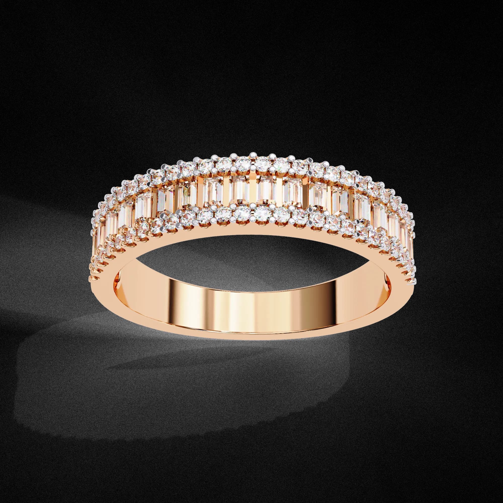 Baguette and round lab grown diamond three-row wedding band in rose gold, angled view