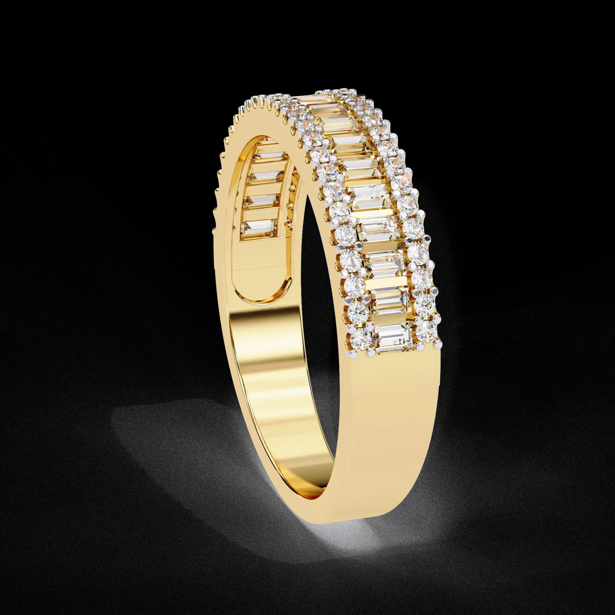 Baguette and round lab grown diamond three-row wedding band in yellow gold, side profile view