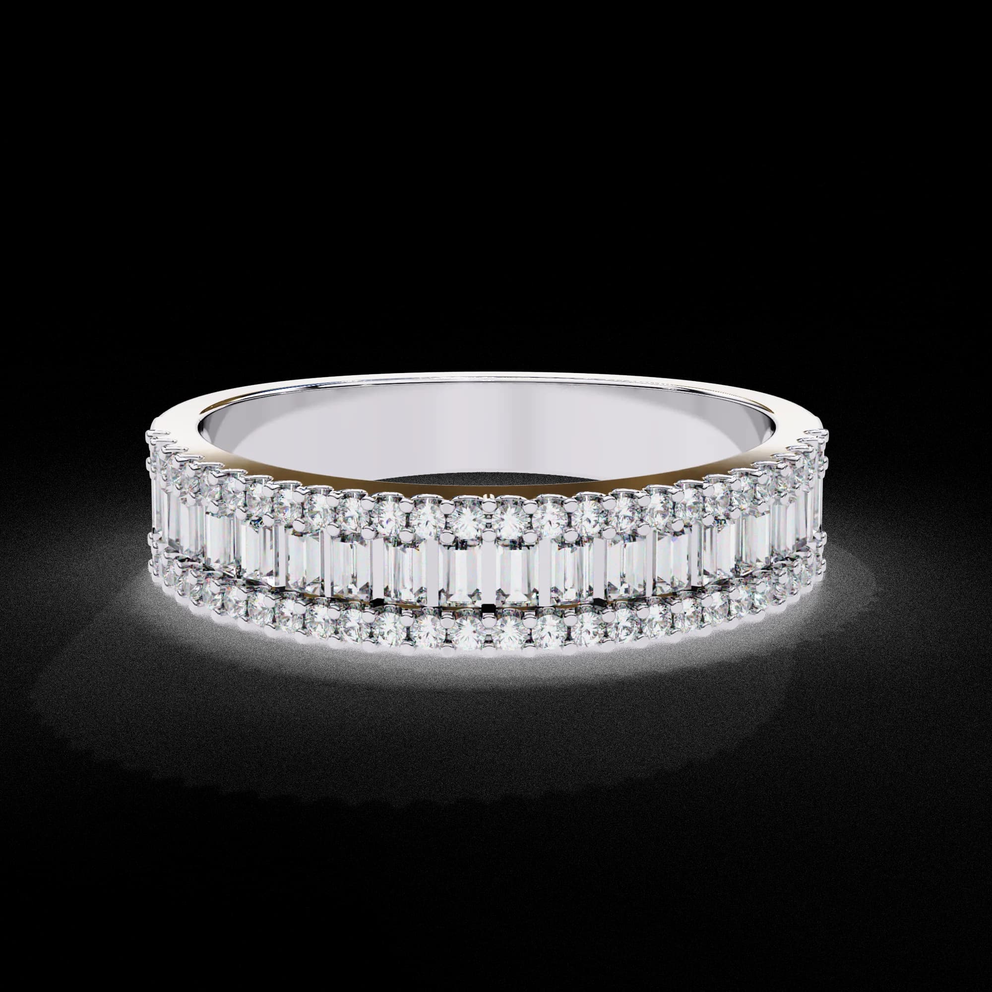 Baguette and round lab grown diamond three-row wedding band in white gold, front view