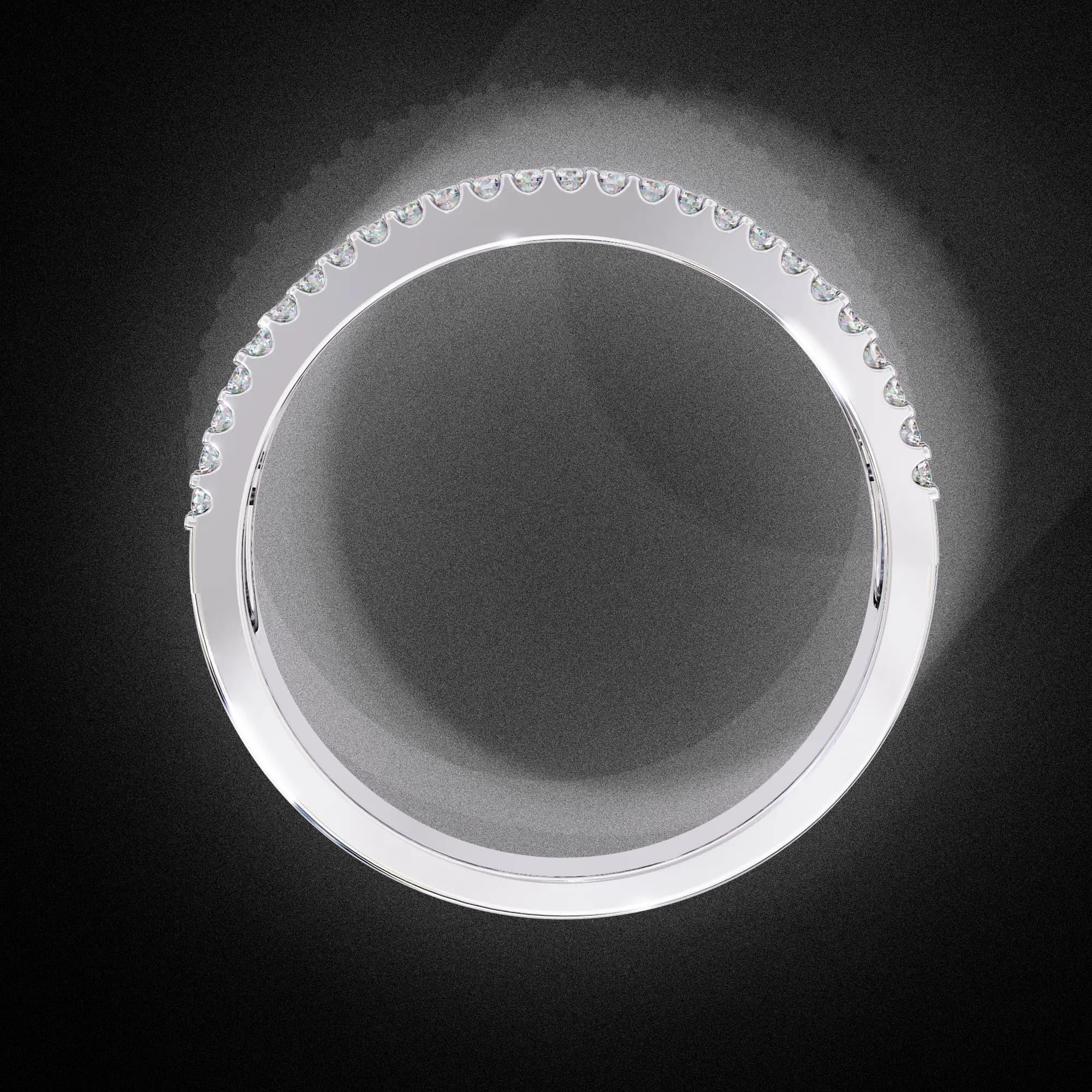 Baguette and round lab grown diamond three-row wedding band in white gold, through-finger view