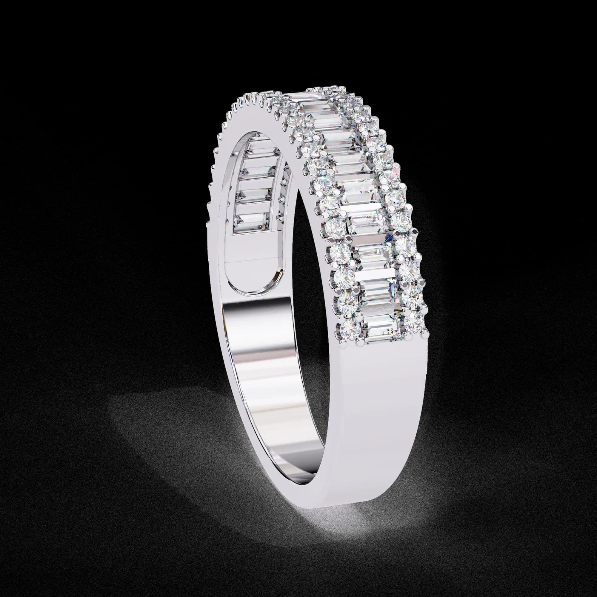 Baguette and round lab grown diamond three-row wedding band in white gold, side profile view