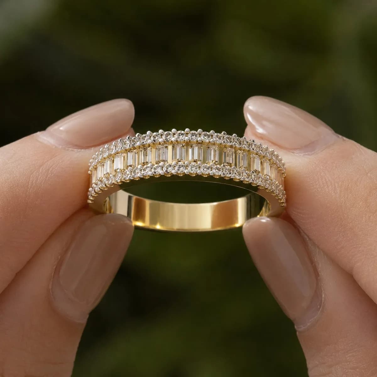 Baguette and round lab grown diamond three-row wedding band in yellow gold held between fingertips