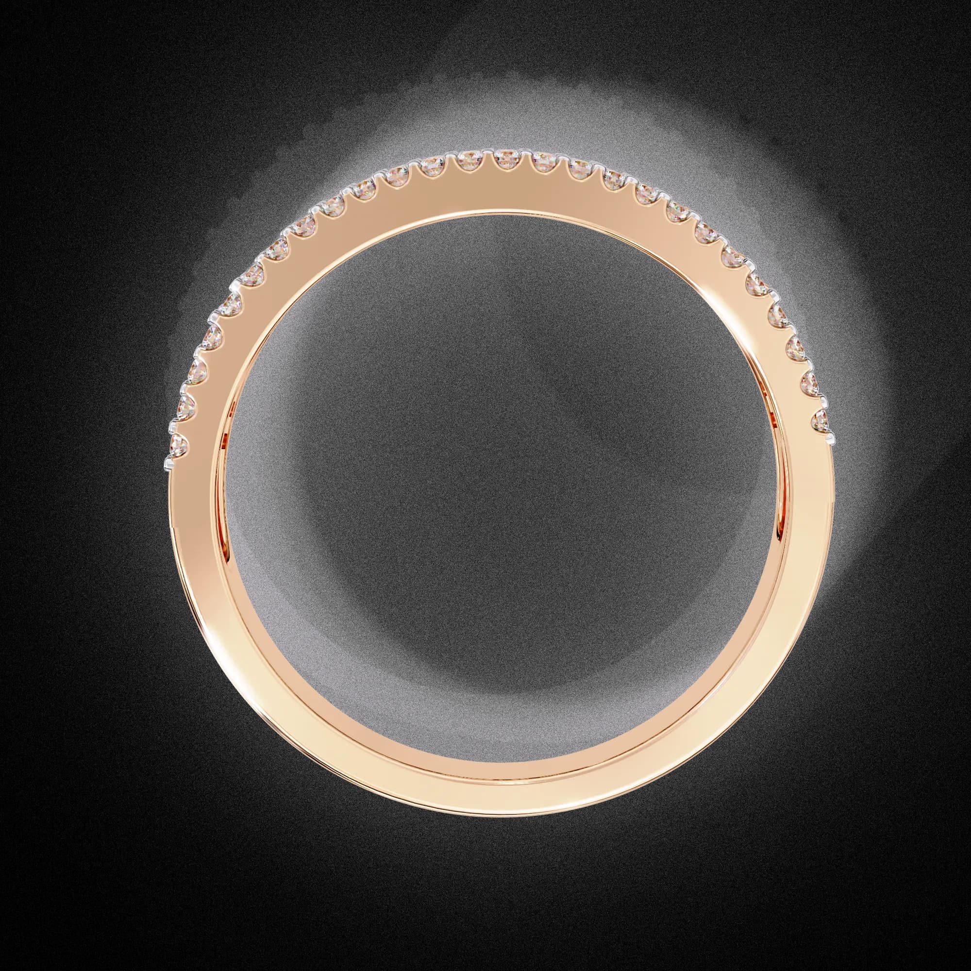 Baguette and round lab grown diamond three-row wedding band in rose gold, through-finger view