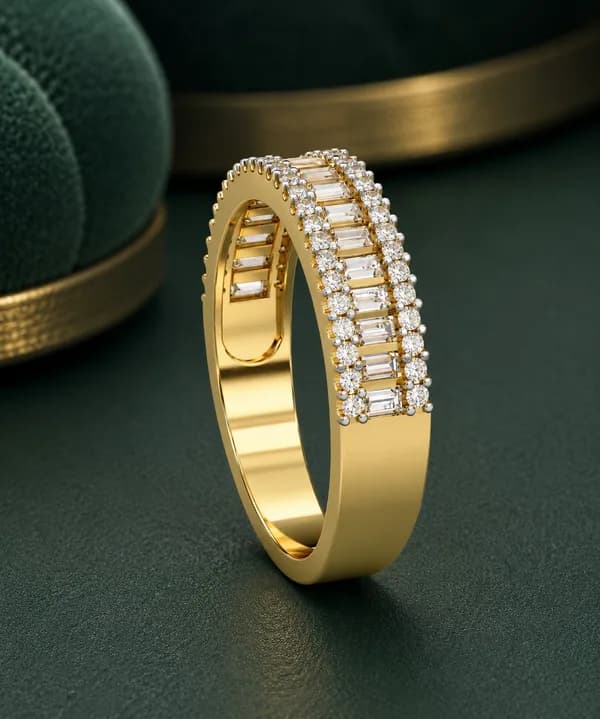 Baguette and round lab grown diamond three-row wedding band in yellow gold on green velvet, side view