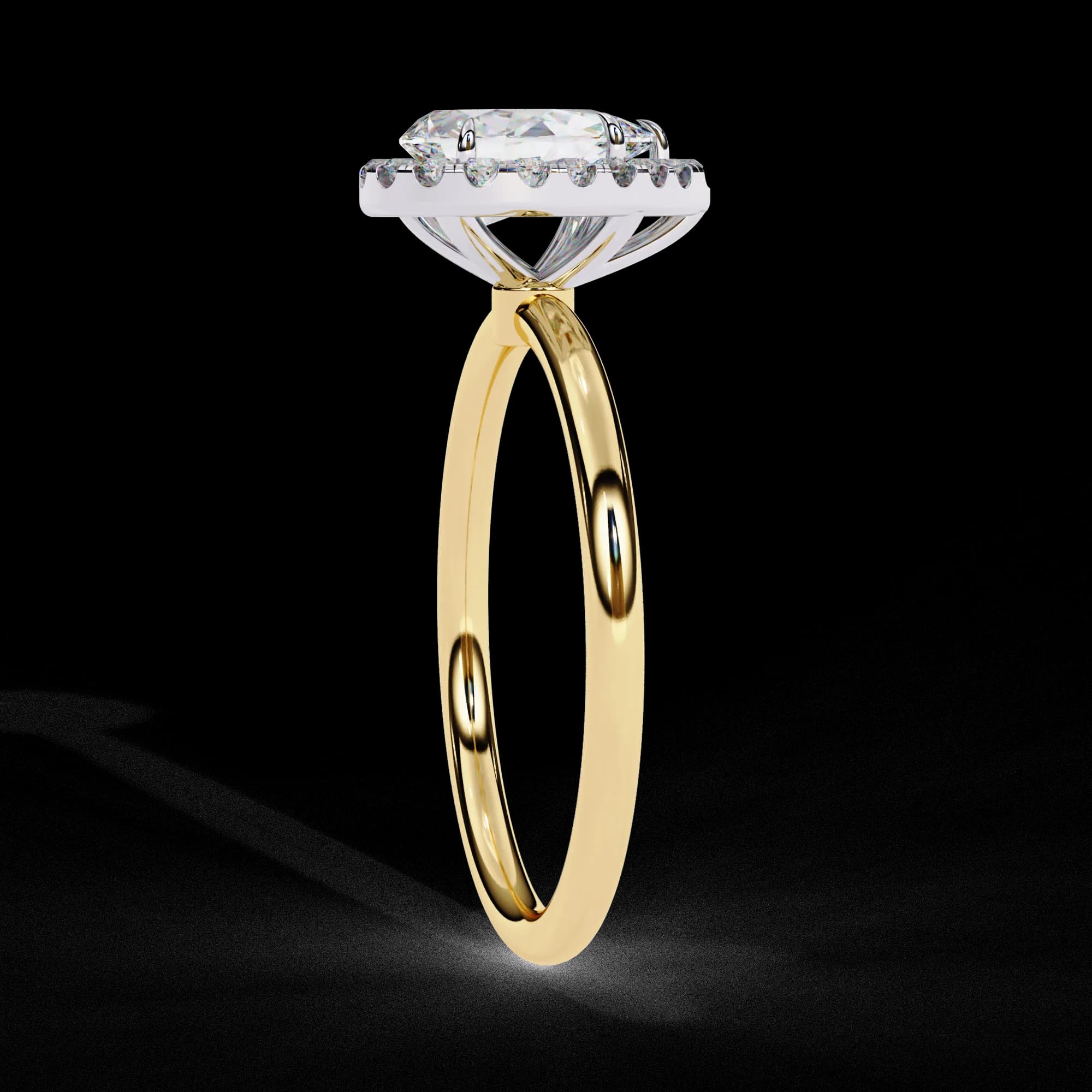 Pear cut lab grown diamond halo engagement ring in yellow gold, side profile view